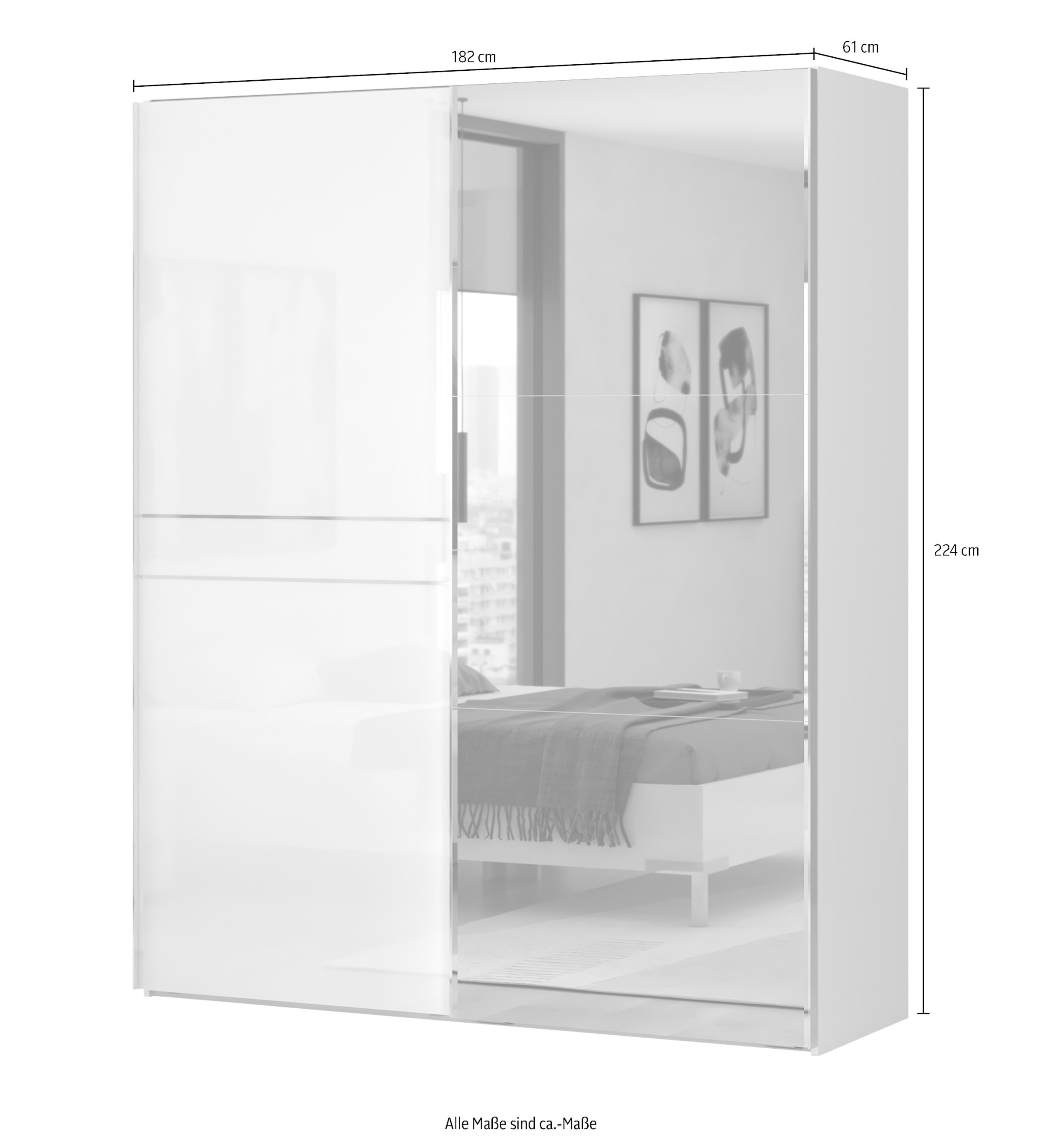GOODproduct Schwebetürenschrank »Piano, mit Einlegeböden, Kleiderstangen, Spiegel, Türen soft-close« in 3 Breiten, 224cm hoch, mit verchromten Aufleistungen,  mit Spiegeltür, FSC-zertifizierter Holzwerkstoff