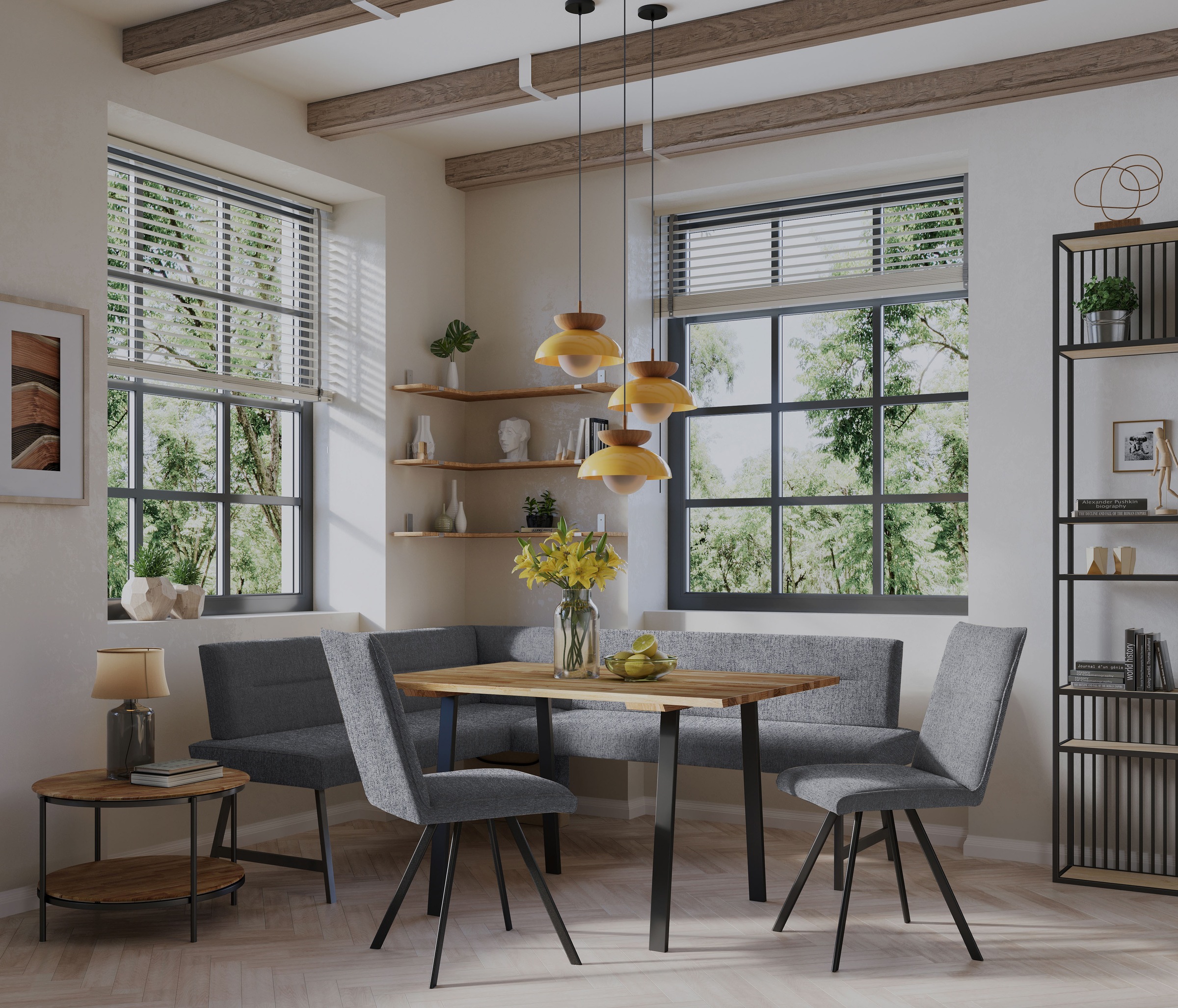 GOODproduct Ensemble de bancs d'angle »Sava« Ensemble, 4 cuis tlg. Eckbank mit Wellenfederung im Sitz, Tisch Massiv Eiche