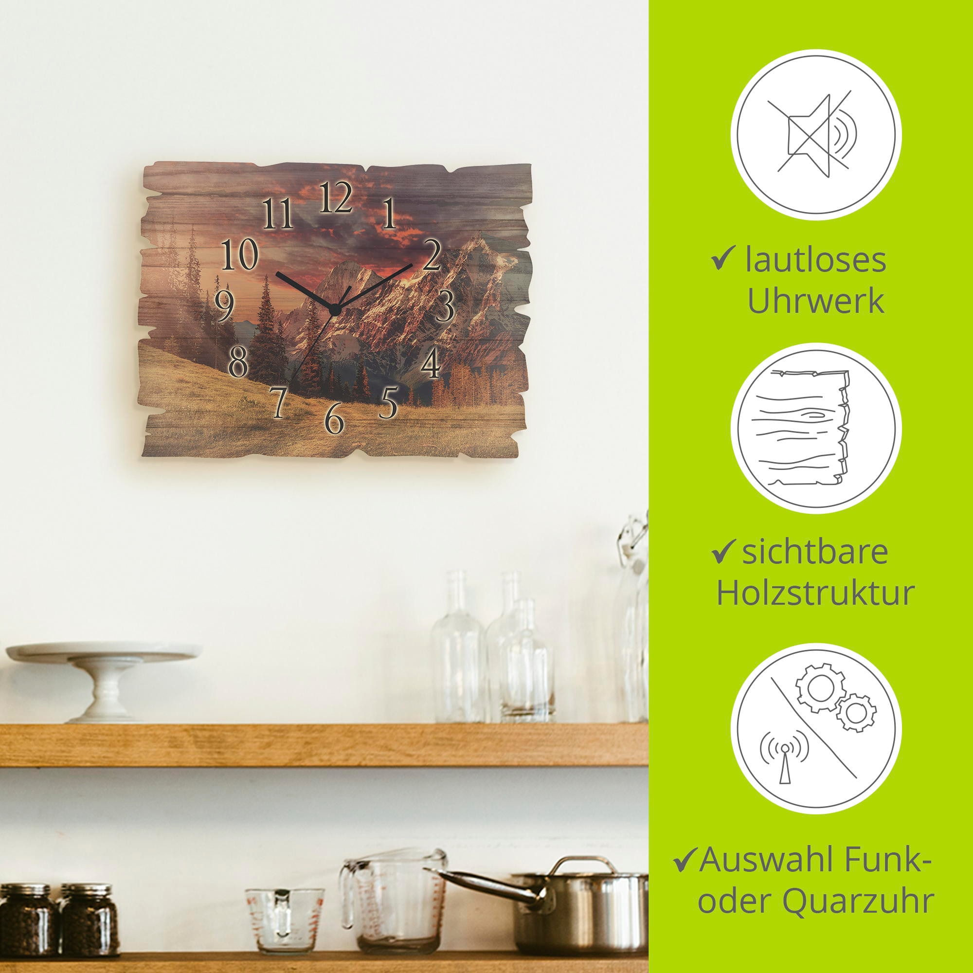Artland Wanduhr »Holzuhr Alpines Hochland« wahlweise mit  Quarz- oder Funkuhrwerk, lautlos ohne Tickgeräusche
