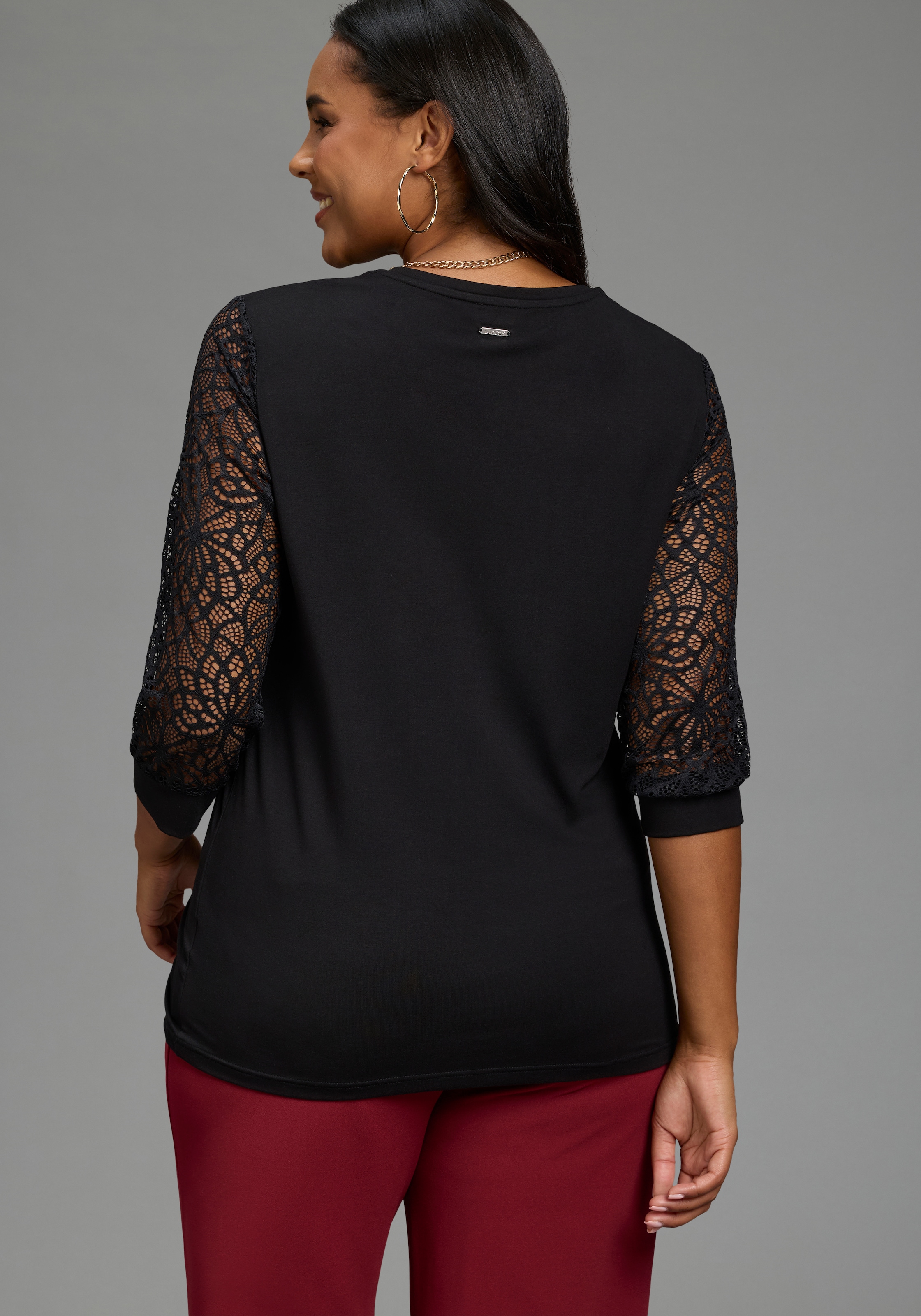 Laura Scott CURVE Spitzenshirt »Grosse Grössen« figurbetonte Passform, mit Puffärmeln, 3/4-Ärmel, Rundhalsausschnitt