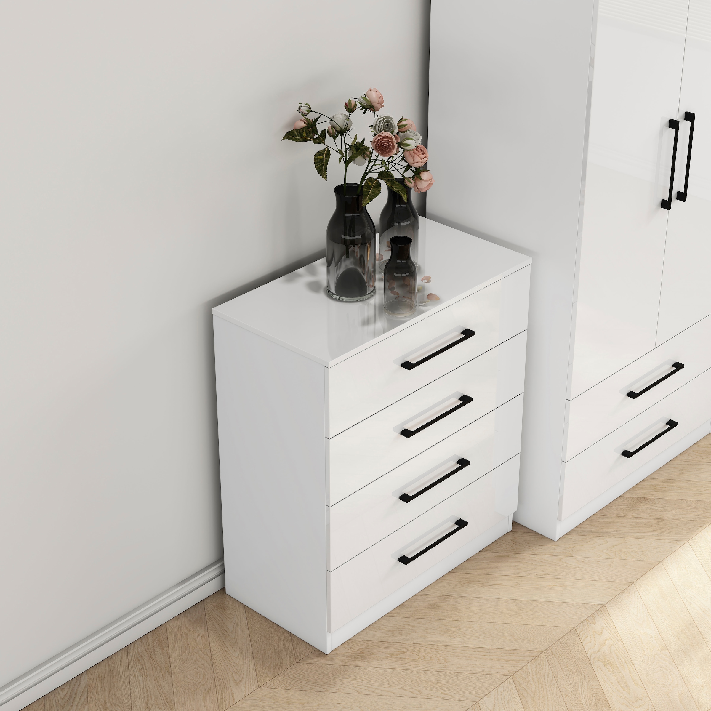 GOODproduct Schubkastenkommode »Sylt Schlafzimmerkommode Kommode Wäscheschrank Bestseller« Viel Stauraum im Schlafzimmer mit hochglänzenden Fronten, 1 Stk. tlg. Beistellschrank mit 4 Schubladen