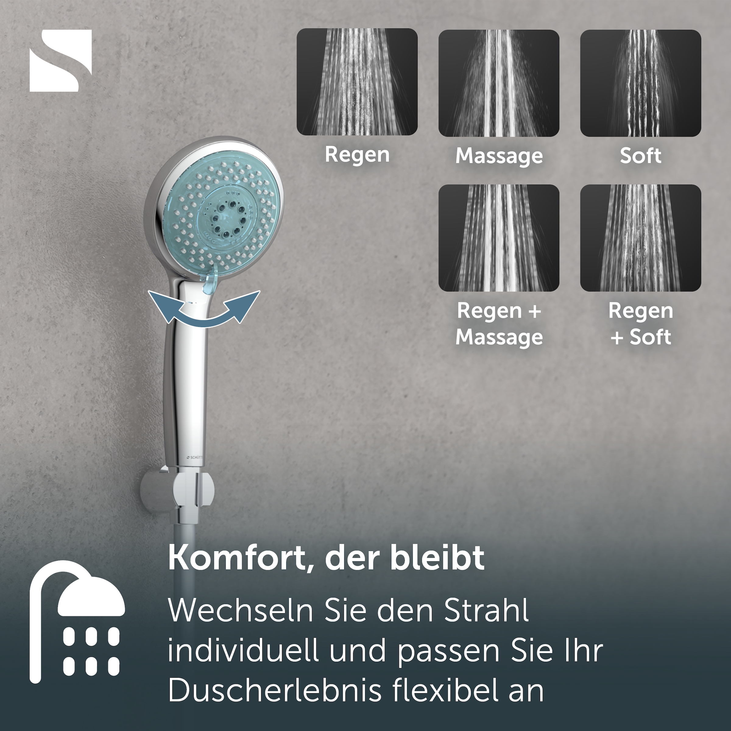 Schütte Handbrause LED Wellness Duschkopf, 3 Strahlarten, Duschbrause mit 7 Farbvarianten