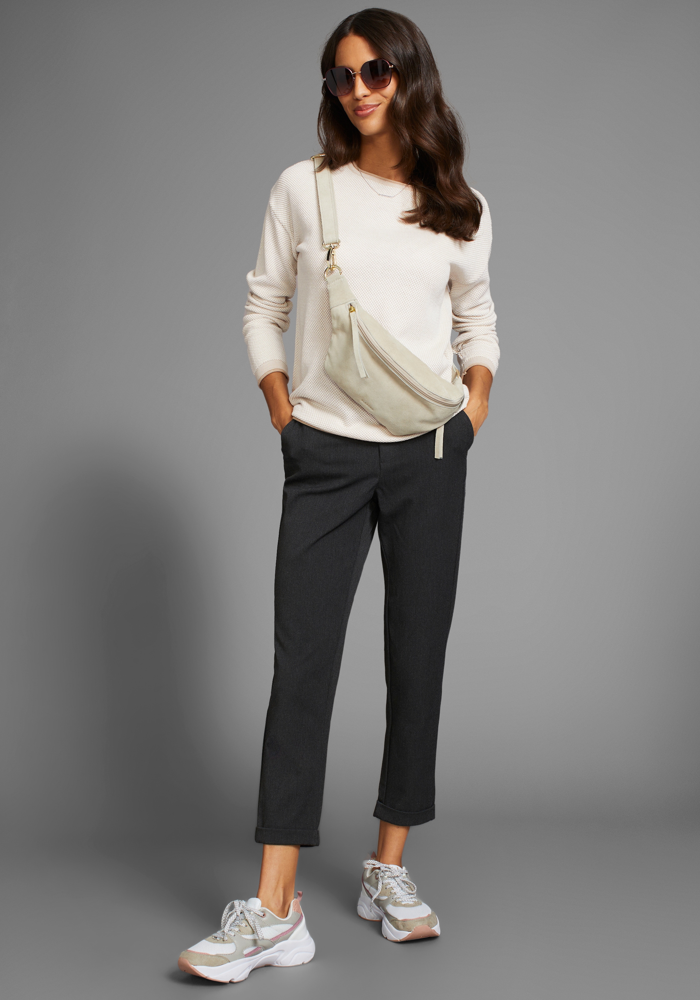 Laura Scott Pull à col rond leichter Feinstrick mit Waffelmuster und dezenten Rollkanten