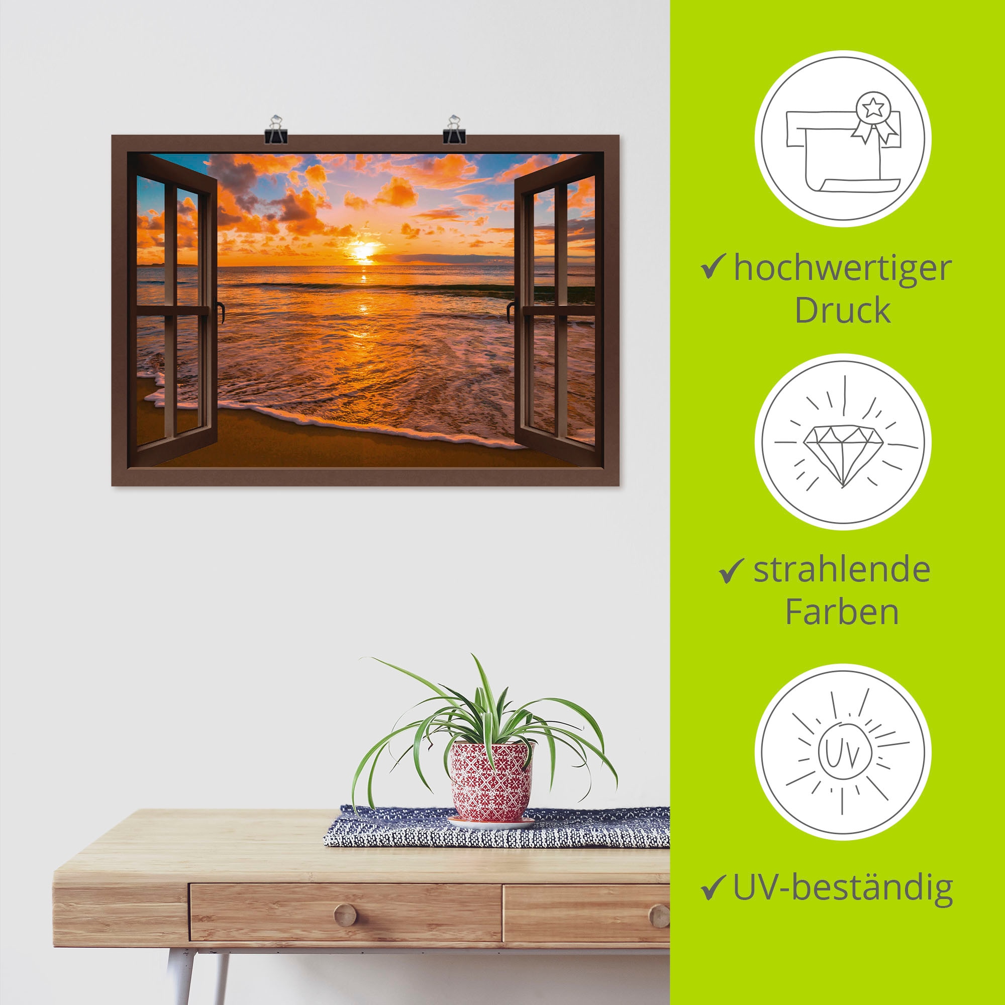 Artland Fresque murale »Fensterblick Sonnenuntergang am Strand« 1 cuis tlg. als Leinwandbild, Poster, Wandaufkleber in verschied. Grössen