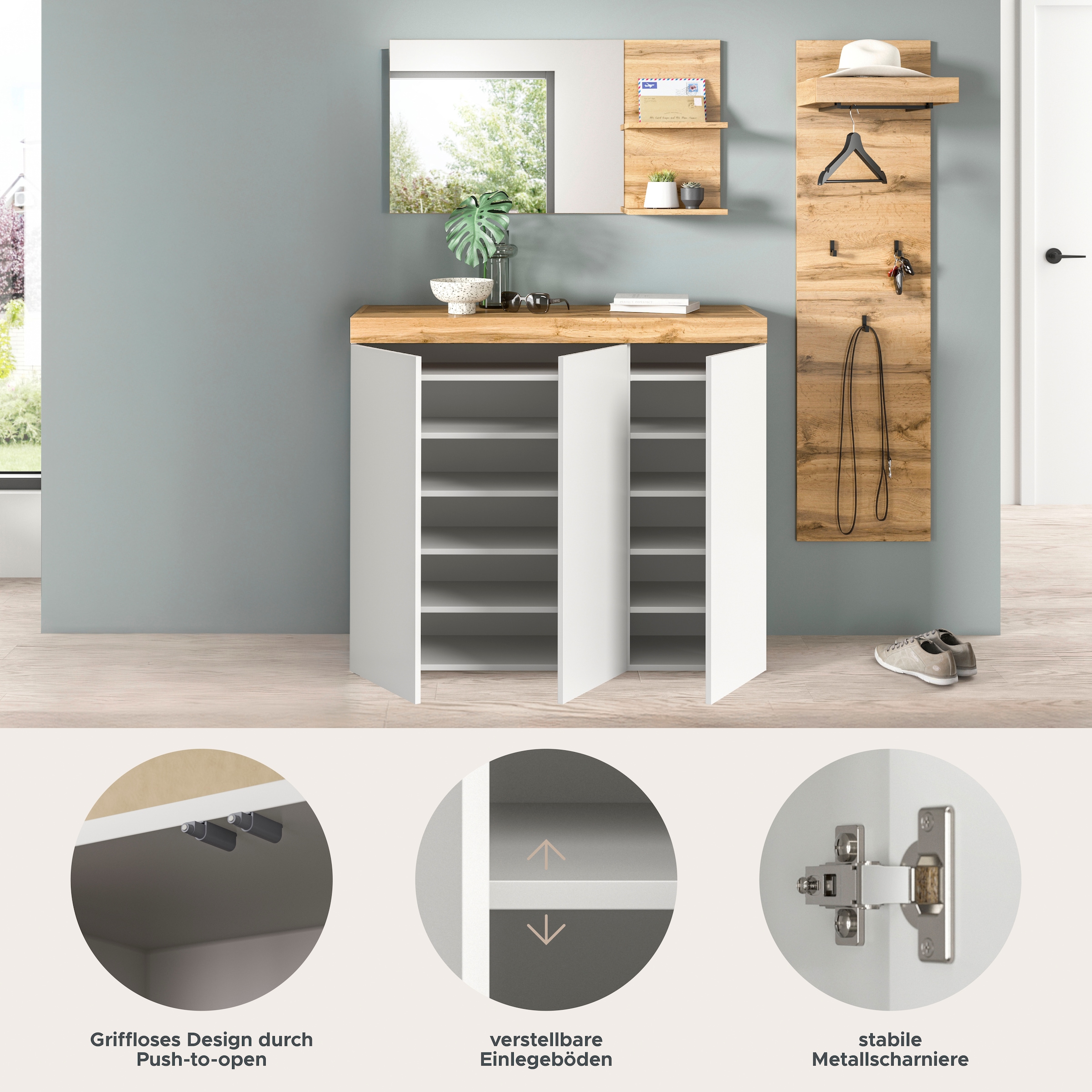 GOODproduct Garderoben-Set »MAMBO, 3-teilige Kombination, stehend & hängend montierbar« bestehend aus: Kommode, Spiegel, Garderobenpaneel, 3 Stk. tlg.