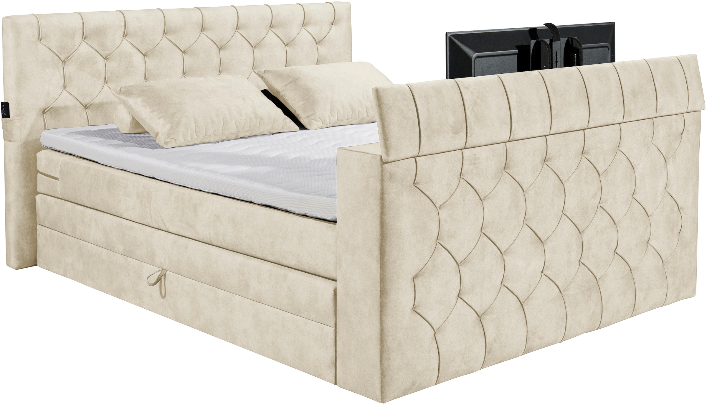 ED EXCITING DESIGN Lit boxspring »Springdale« avec coffre de lit, support TV motorisé, matelas duo (H3/H4)