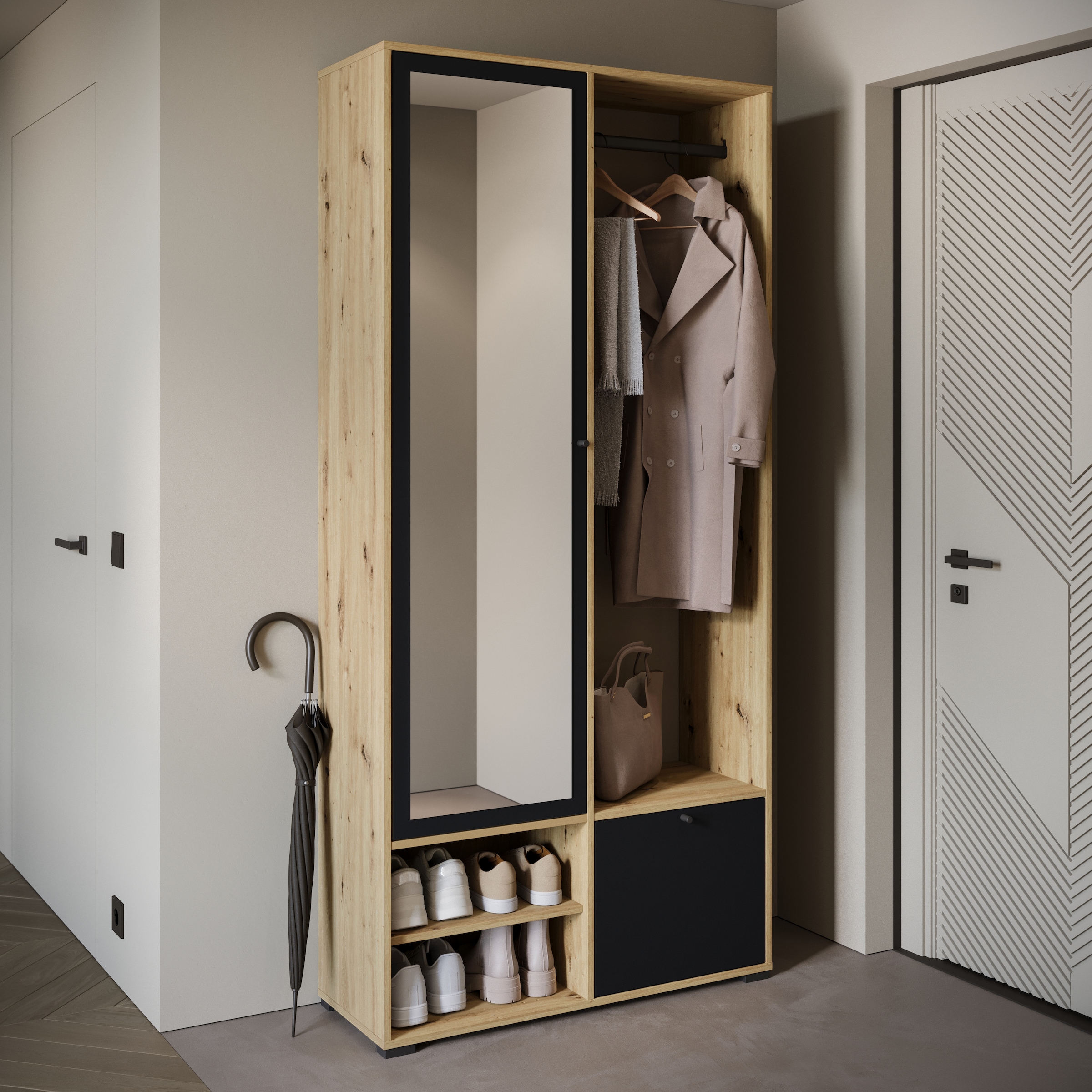 Home affaire Armoire vestiaire »DINO Kompaktgarderobe, Garderoben-Set DINO« Avec miroir et tringle à vêtements, largeur 90 cm, sens d'ouverture de la porte réversible