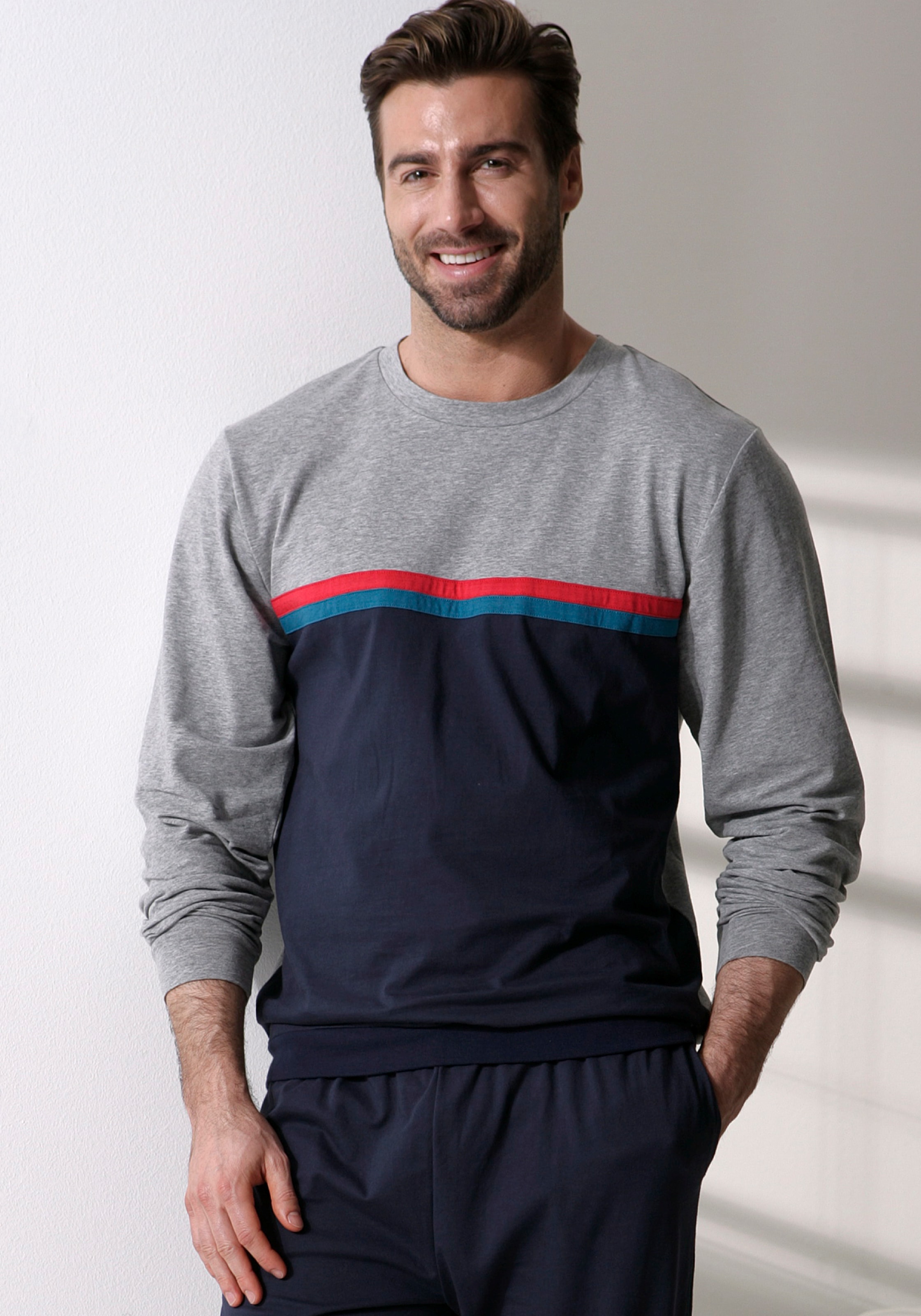 le jogger® Pyjama 1 Stück, 2 pièces Schlafanzug in langer Form mit kontrastfarbenen Streifen