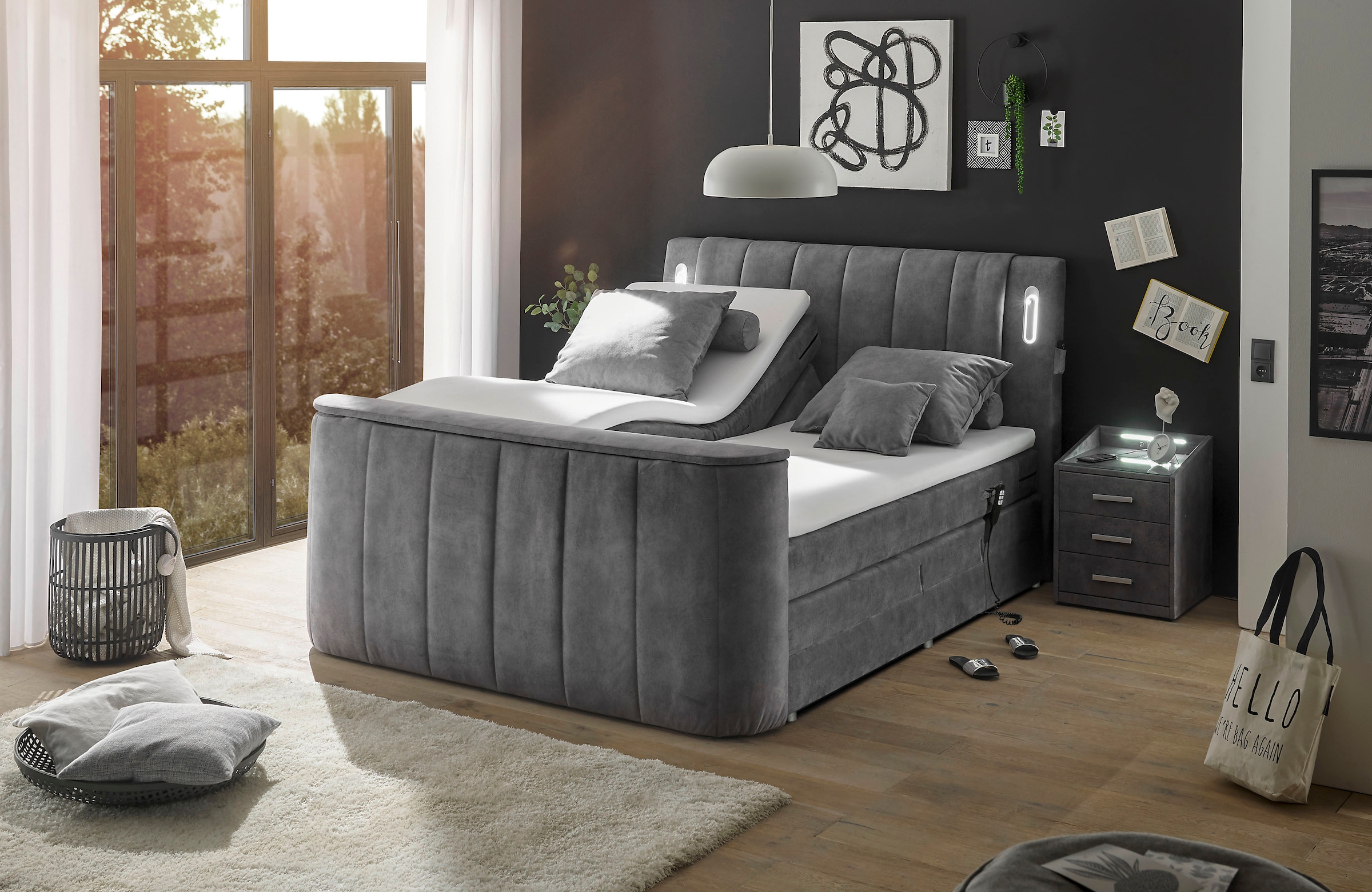 ED EXCITING DESIGN Boxspringbett »Dallas« 6 Stk. tlg. inkl. Topper, LED-Beleuchtung, motorisierter TV Halterung und Motor