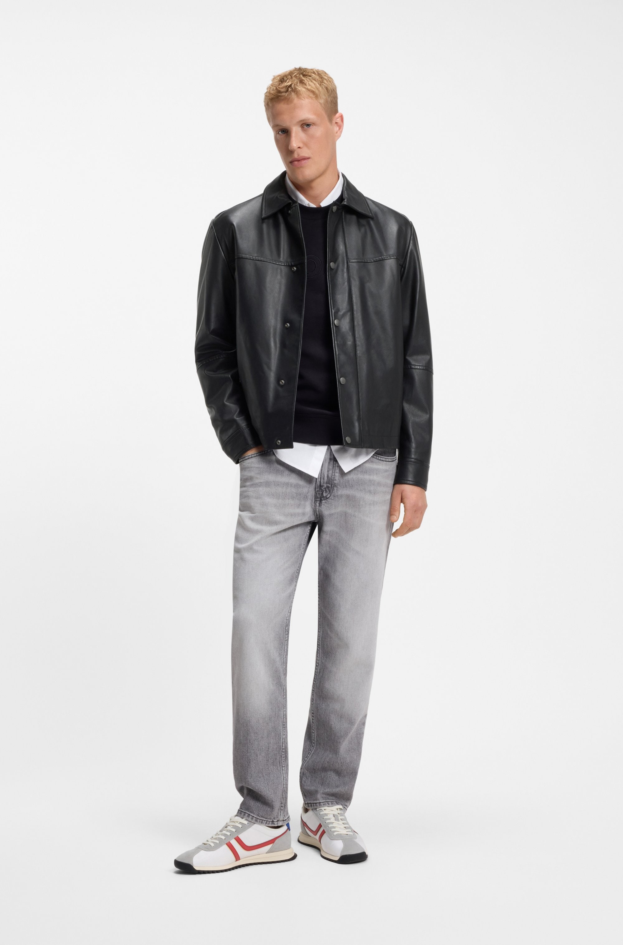 BOSS ORANGE Veste en cuir »Joban« cuir nappa lisse, coupe régulière, inscription en métal