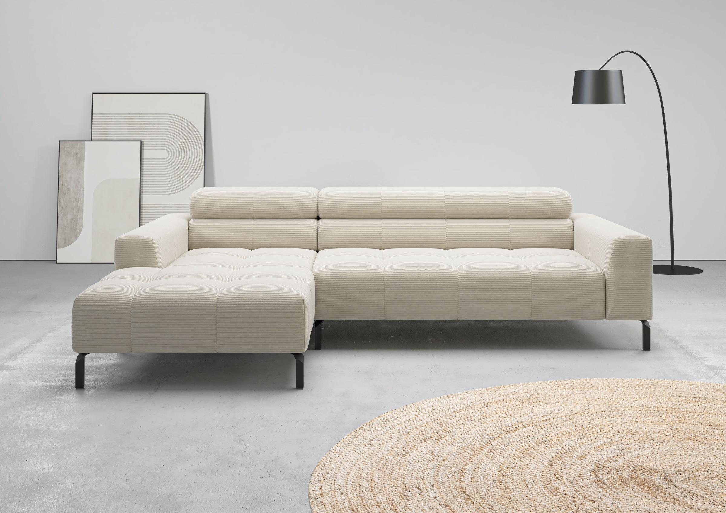 Home affaire Canapé d'angle »Claya, 258 cm breit, L-Form, Kopfteilverstellung« Matelassage moderne, rembourrage doux & hauteur adaptée aux robots aspirateurs