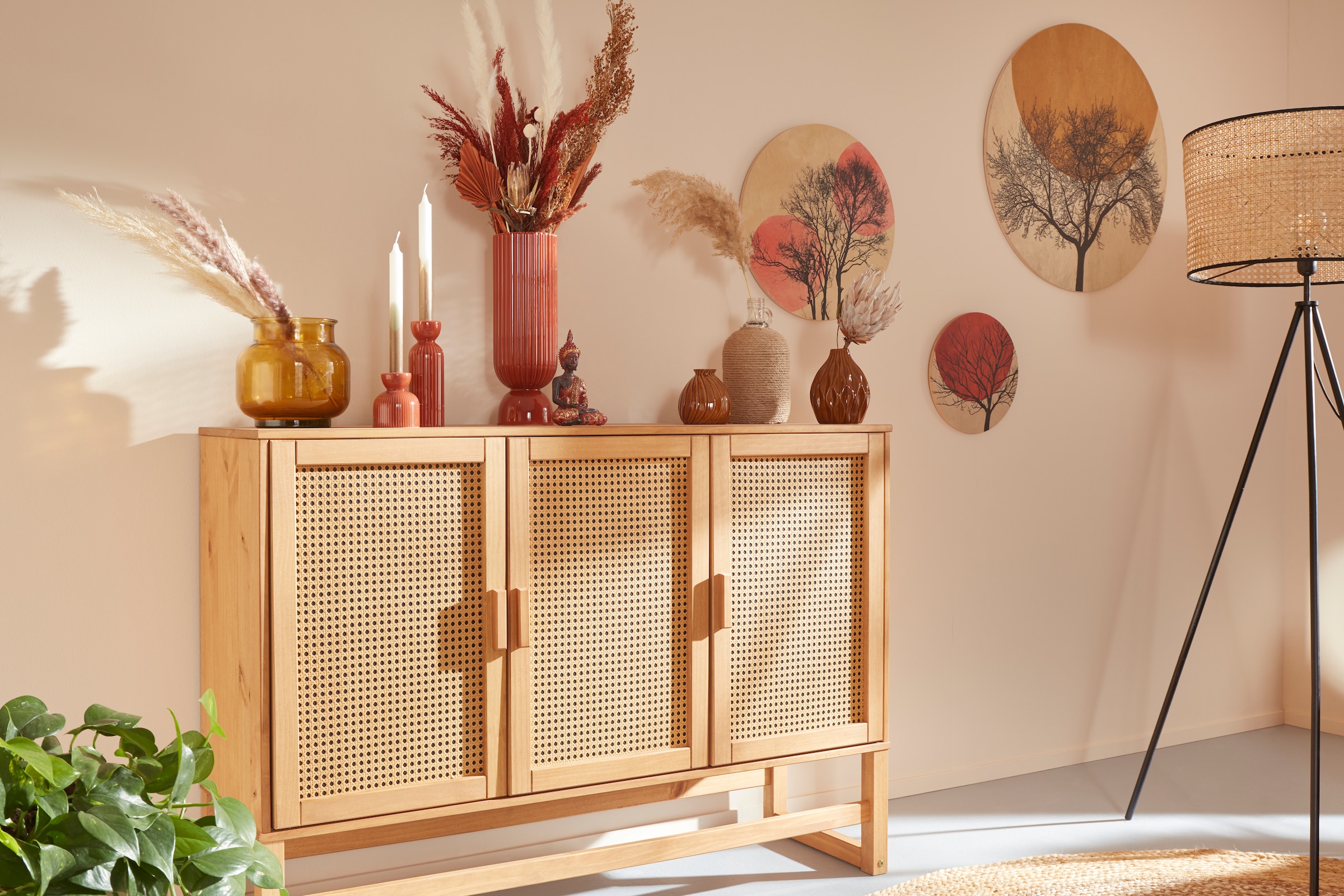 GOODproduct Sideboard »Linz« Kommode mit Rattangeflecht auf den Türfronten, aus Massivholz