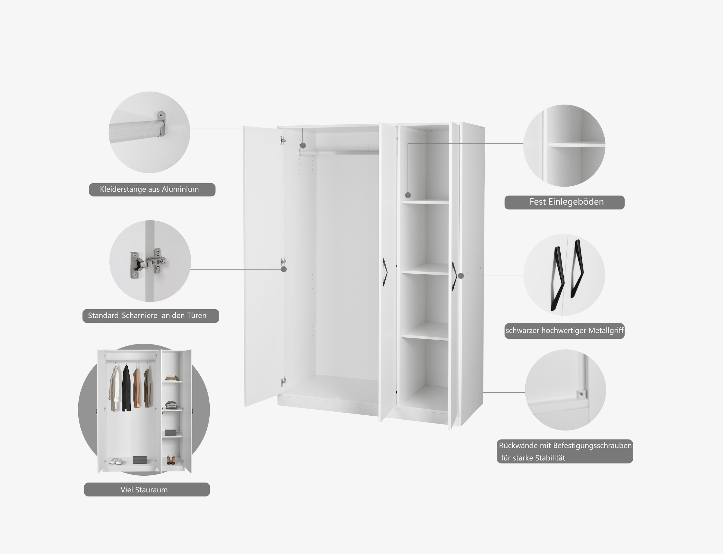 GOODproduct Armoires à vêtements »Hamburg Schlafzimmer Schrank« stabile robuste Bauweise mit optimaler Aufteilung,  Schlafzimmerschrank klassisches Design Garderobe Schrank Bestseller