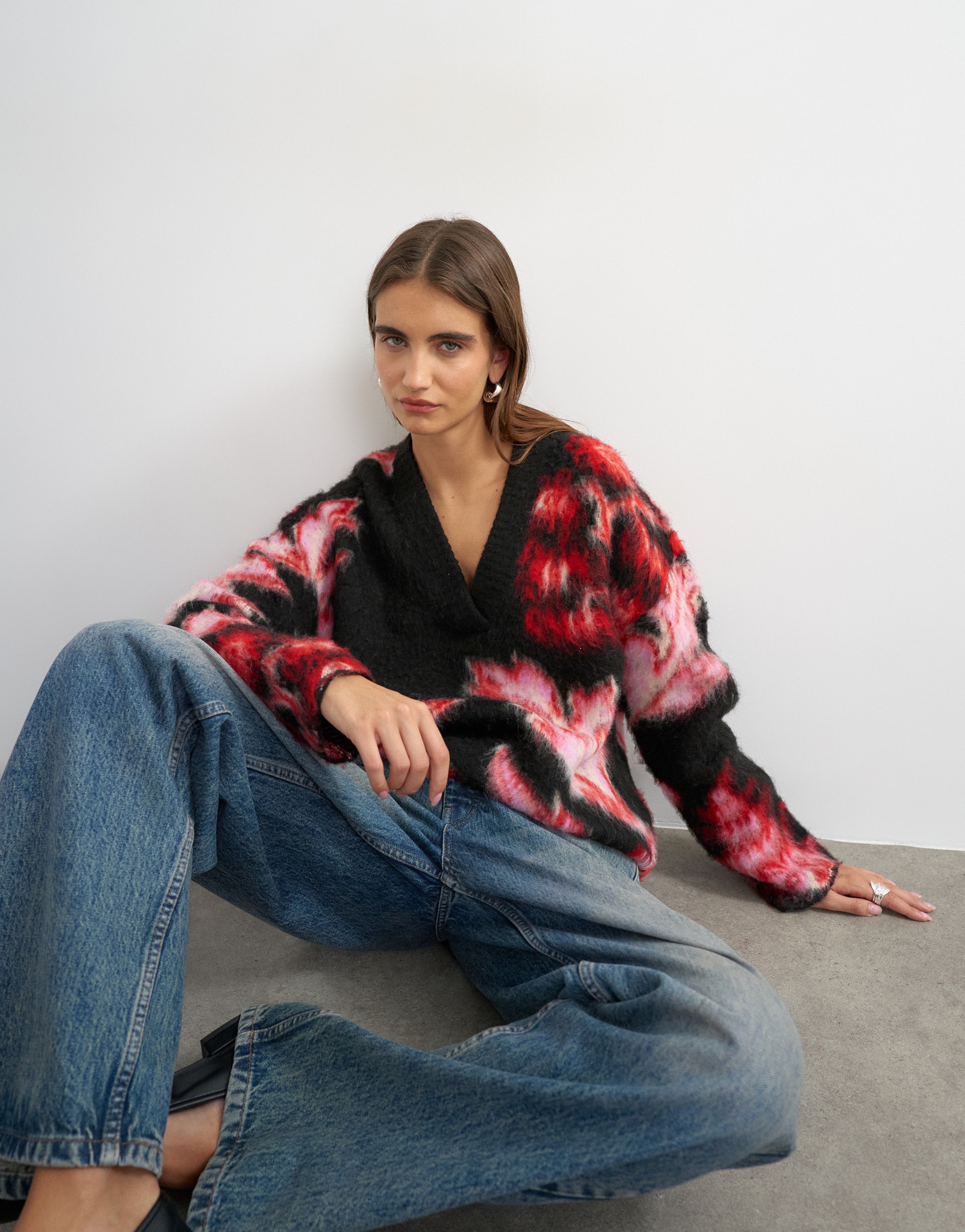 TOPSHOP Pull col V »TSDIJA BRUSHED FLOWER JUMPER KNIT« Materialmix, bedruckt