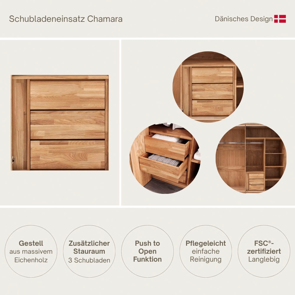 Home affaire Insert pour tiroir »Chamara, Für Schrank Chamara, Mit 3 Schubladen, Push-Funktion« Zusätzlicher Stauraum, aus massivem Eichenholz, Zeitloses Design