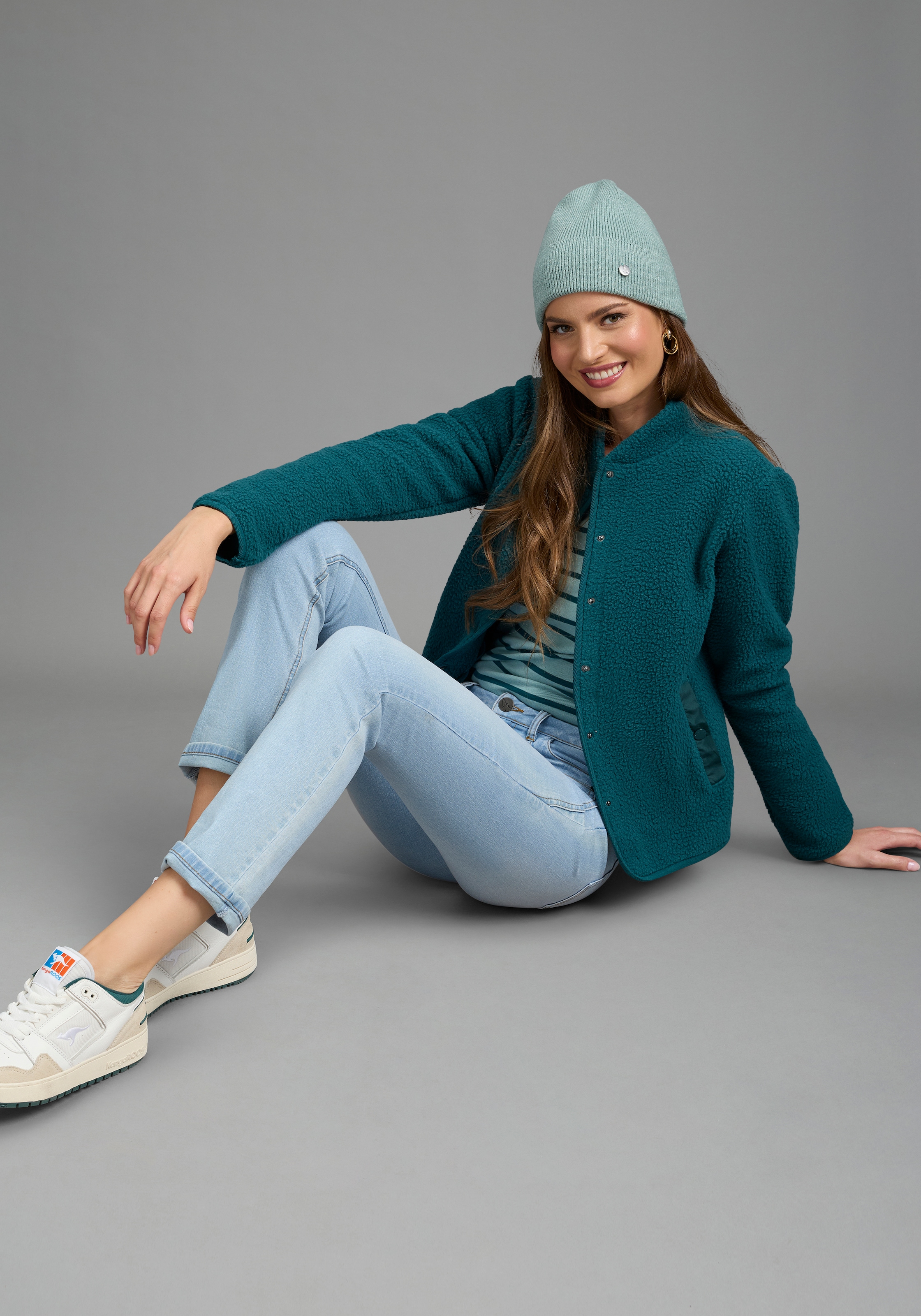 Polarino Veste polaire sans capuche en polaire Teddy, veste de transition avec col montant et boutons