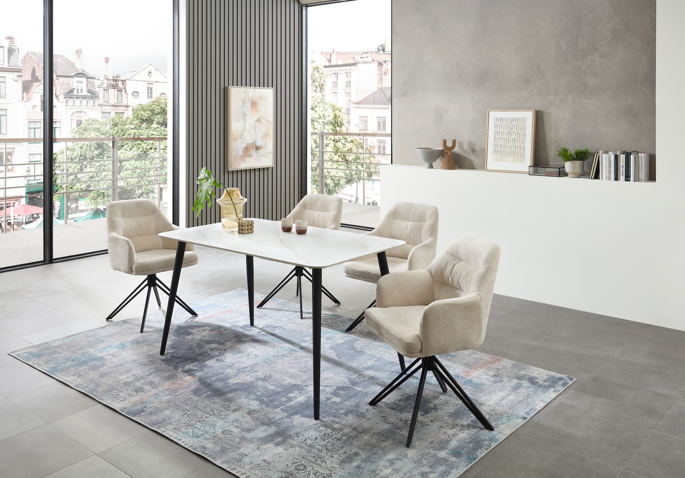 Stolkom Table de salle à manger »Cody Esszimmertisch Keramik, Weiss marmoriert, BxHxT 140x76x80 cm« Keramikoberfläche weiss marmoriert, 4-Fuss Gestell Schwarz matt