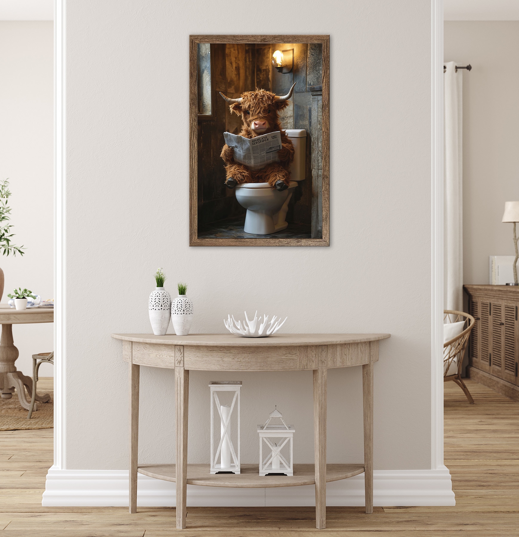 Bönninghoff Tableau avec cadre »Wandbild gerahmt HIGHLAND NEWS 50x70 cm – Lustiges Hochlandrind Bad« Animaux | Bœuf des Highlands | Humour 1 cuis tlg. avec cadre décoratif
