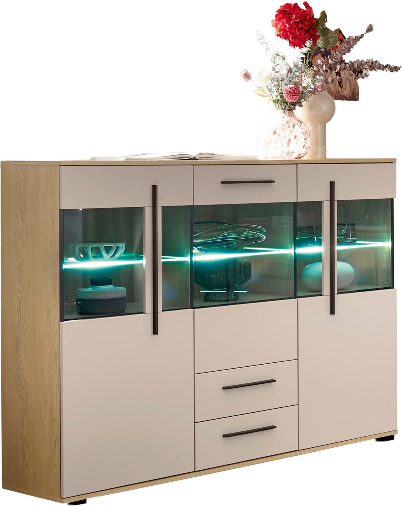 Home affaire Highboard »Cantara, moderner Schrank, Vitrine in Eiche Dekor, Weiss oder Kaschmir« schwarze Stangengriffe, ausreichend Stauraum, vielseitig einsetzbar