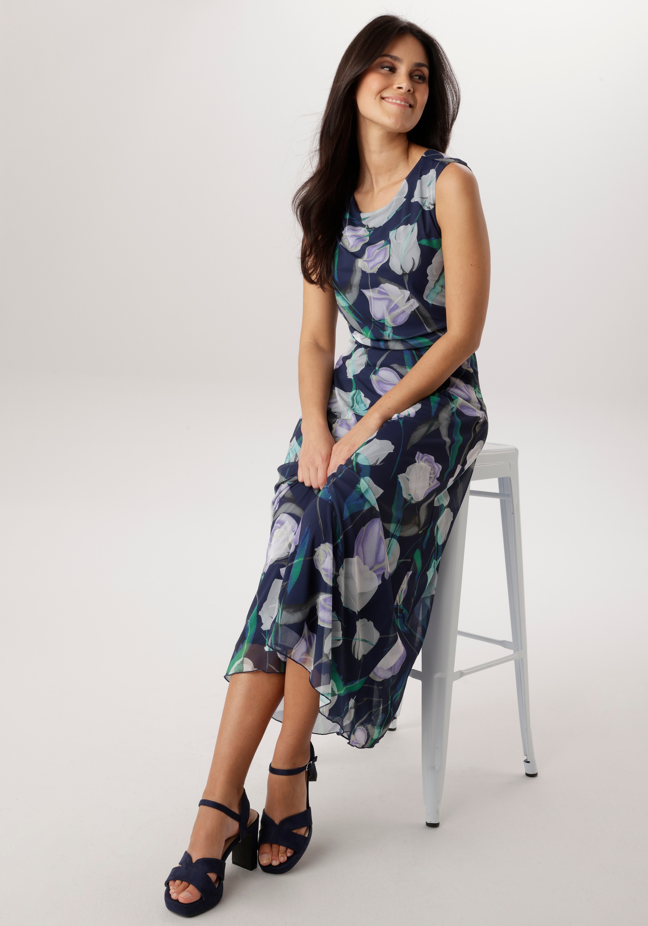 Aniston SELECTED Robe midi in Mesh-Qualiät und floralem Blütendruck - NEUE KOLLEKTION
