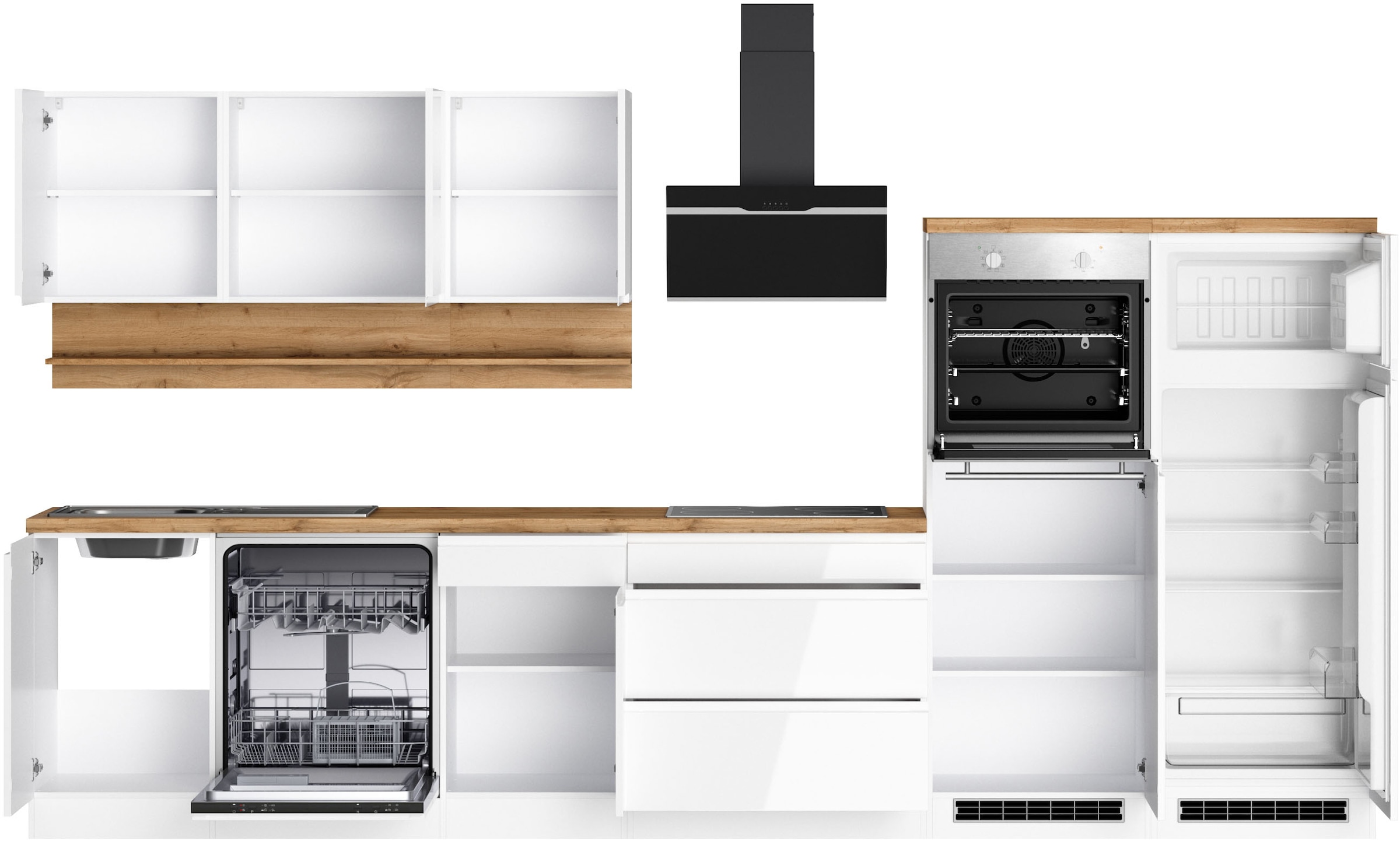 KOCHSTATION Kitchenette »KS-Virginia,neu in verbesserter Ausführung« plan de travail épaisseur 38 mm, rangement, fermeture douce,  largeur 360 cm, softclose, au choix avec appareils électriques et induction