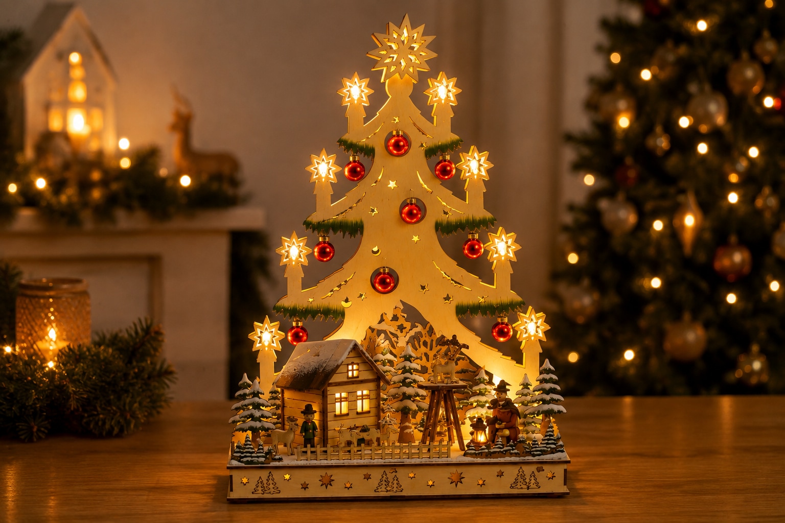 GOODproduct Weihnachtsszene »Fensterdeko« LED-Lichtbaum, Zeitschaltuhr, mit roten echten Glaskugeln verziert