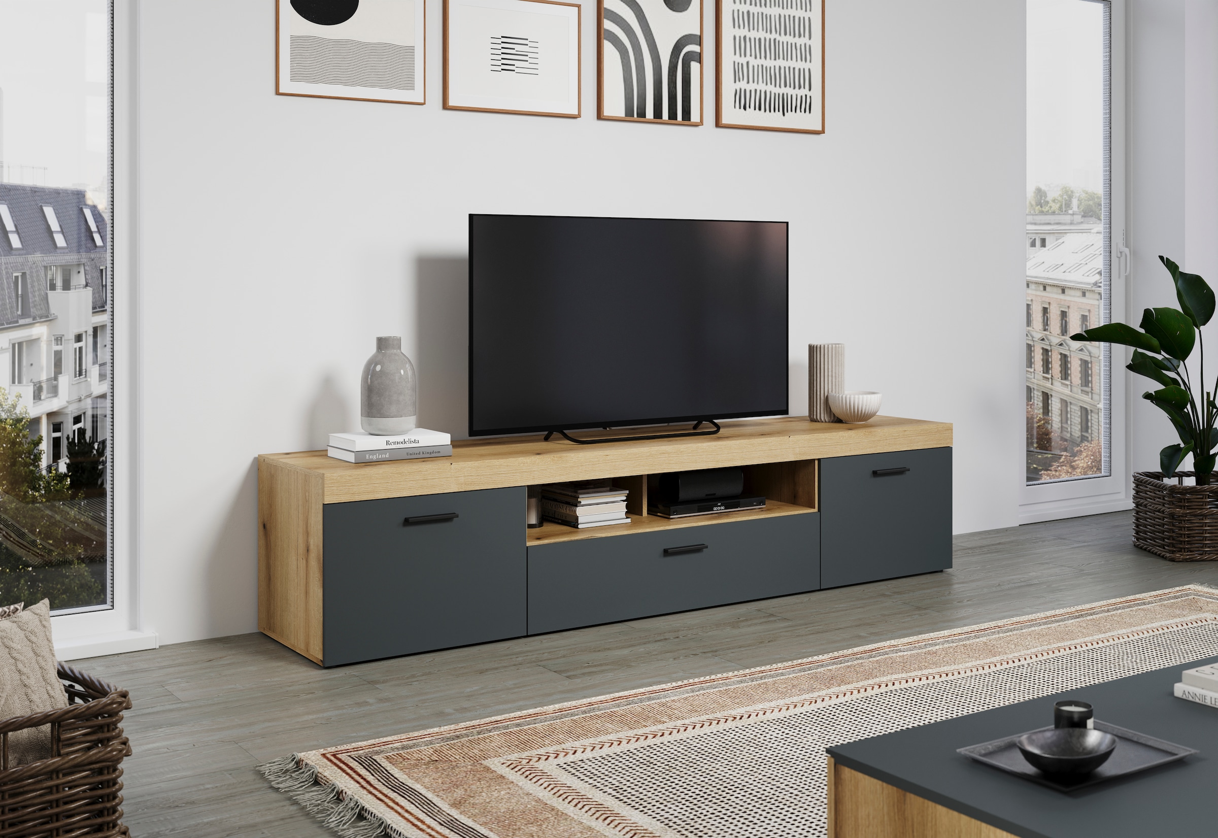 Home affaire Table basse »Tyler TV-Kommode« Packung, 1 cuis tlg. TV-Lowboard, Hirnholzapplikationen, Breite 230 cm