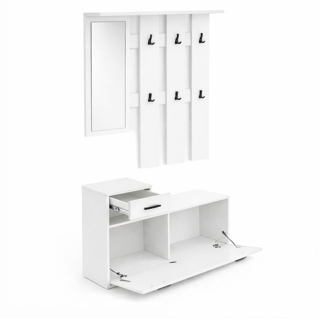 GOODproduct Ensemble de vestiaires »Luna Kommode mit 1 Klappe + 1 Schubkasten, Paneel mit Spiegel 6 Haken« 2 cuis tlg.