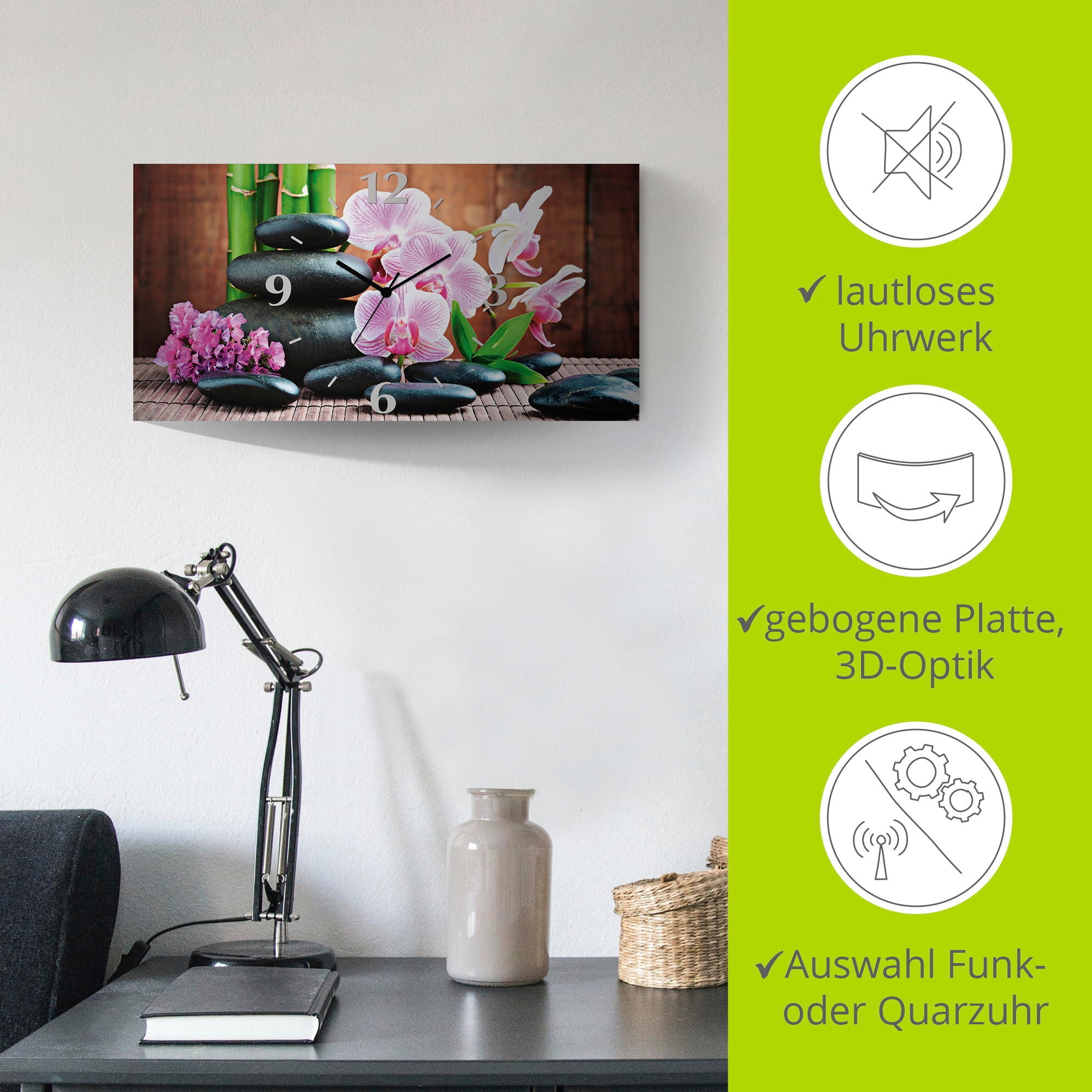 Artland Wanduhr »Spa Konzept Zen Steinen Orchideen« 3D Optik gebogen, mit Quarz- oder Funkuhrwerk, versch. Grössen