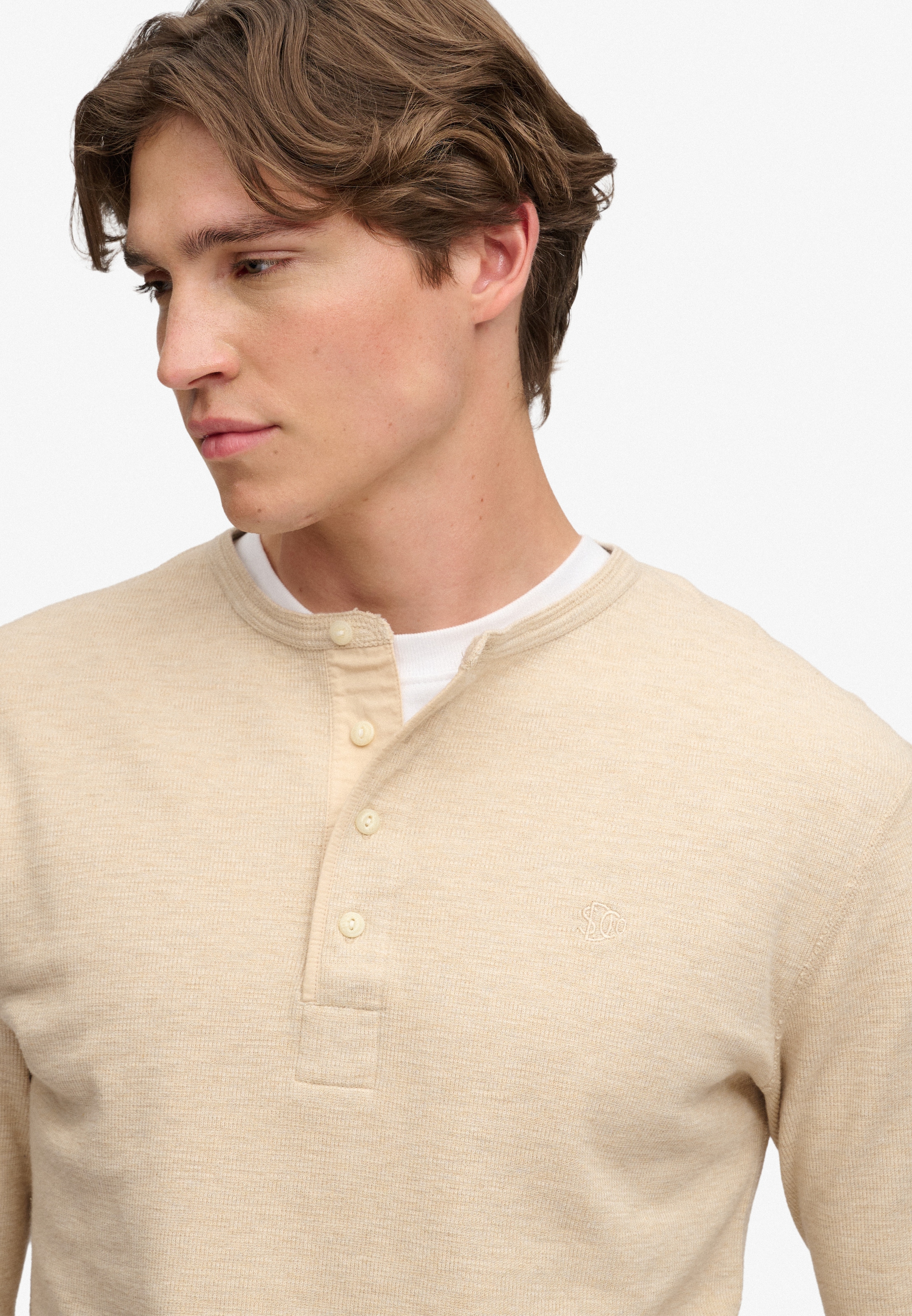 Superdry T-shirt à manches longues »MINI SLUB WAFFLE LS GRANDAD« Coupe ample, col rond, en coton