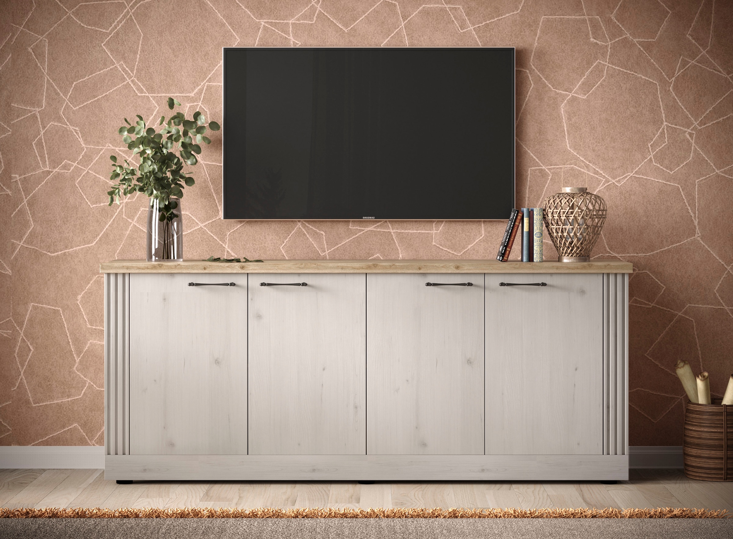 GOODproduct Sideboard »Country Breite 211 cm, Kommode mit 4 Türen, Anrichte im« Landhausstil, viel Stauraum, mit Metallgriffe, MDF Rahmen