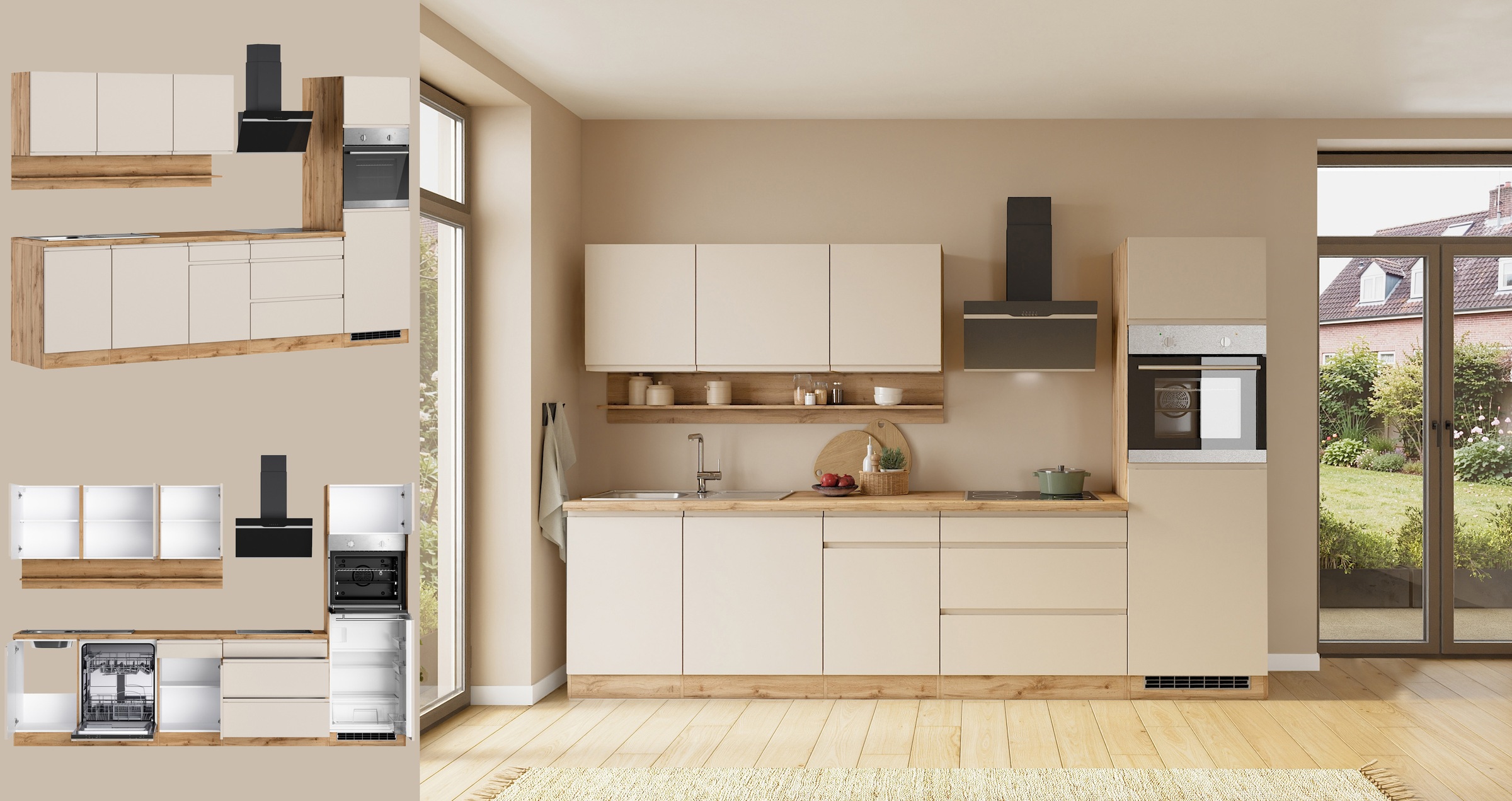 KOCHSTATION Kitchenette »KS-Virginia,neu in verbesserter Ausführung« plan de travail épaisseur 38 mm, rangement, fermeture douce,  largeur 300 cm, fermeture douce, avec appareils électriques en option