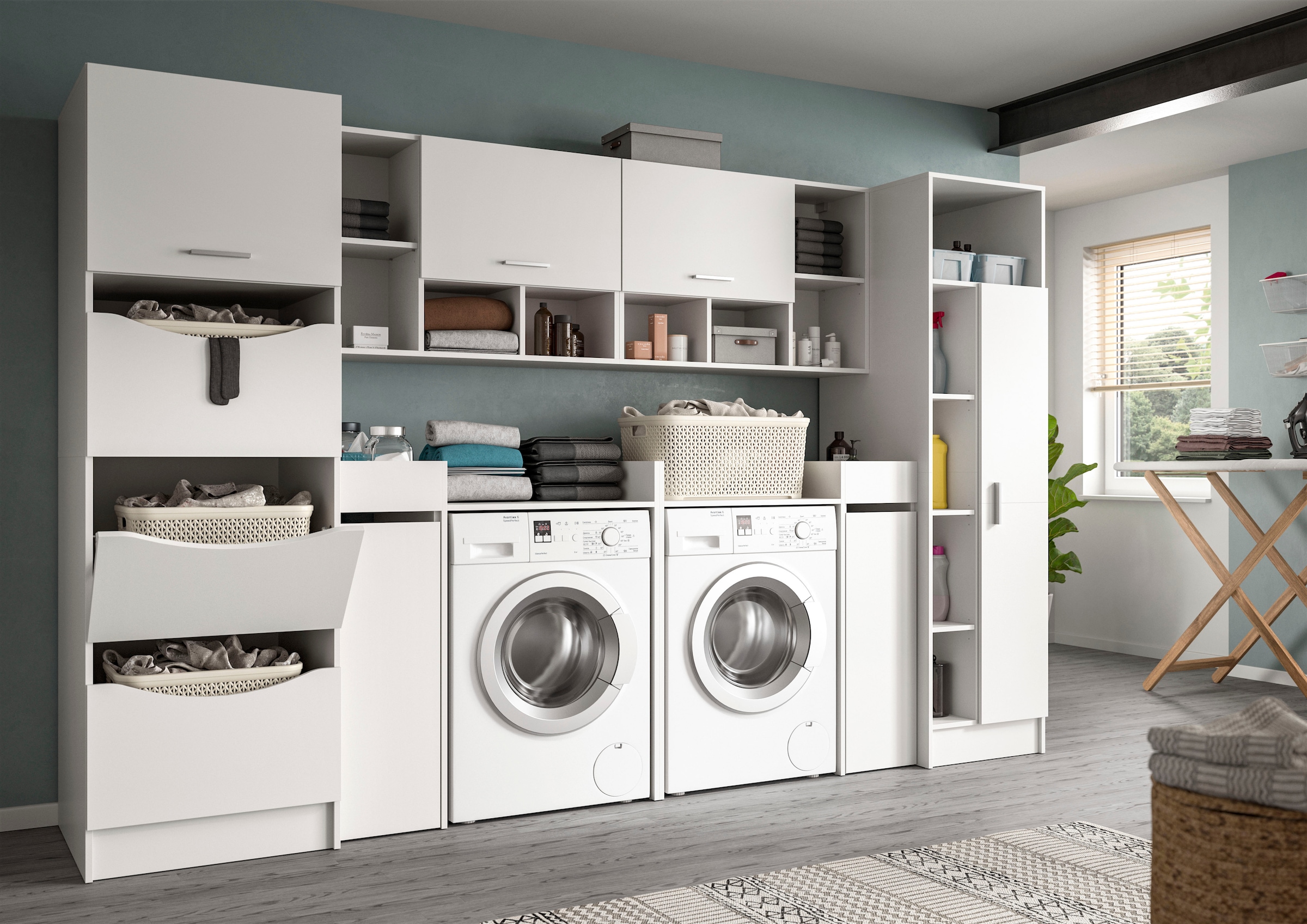 welltime Ensemble de meubles de salle de bain »FALAS, TOPSELLER!, 8-teilig, Hauswirtschaftsraum Set, Breite 300 cm« Set, Wäscheschrank, Hängeschrank,Standregal, Umbauschrank, Mehrzweckschrank, 8 cuis tlg.