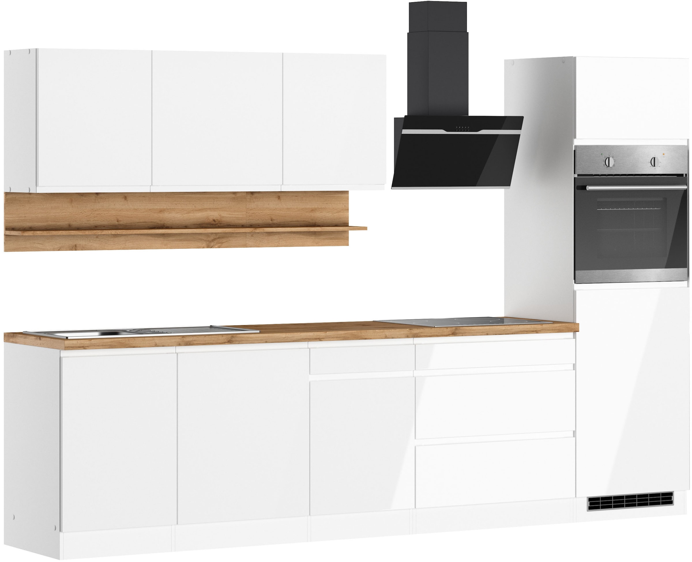 KOCHSTATION Kitchenette »KS-Virginia,neu in verbesserter Ausführung« plan de travail épaisseur 38 mm, rangement, fermeture douce,  largeur 300 cm, fermeture douce, avec appareils électriques en option