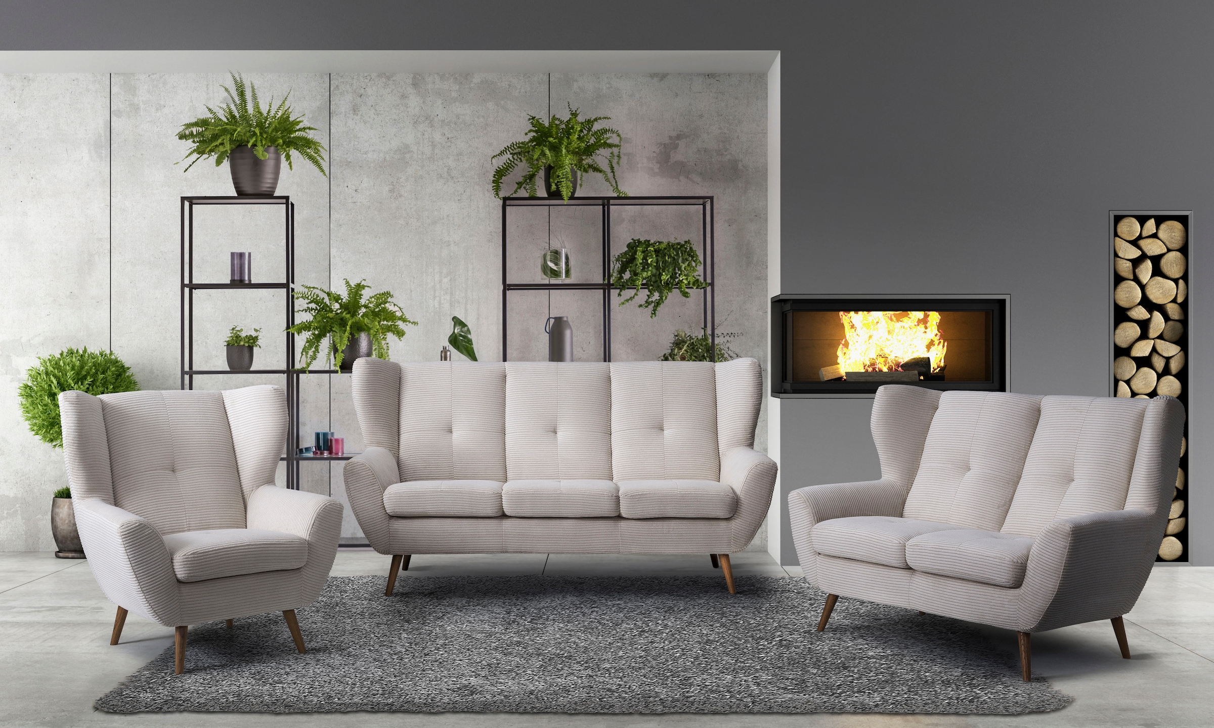 exxpo - sofa fashion Sessel »ALVESTA, Ohrensessel, Loungesessel mit hohem Sitzkomfort« gemütliche Rückenlehne, mit Knopfheftung und hohen Holzfüssen, in Cord