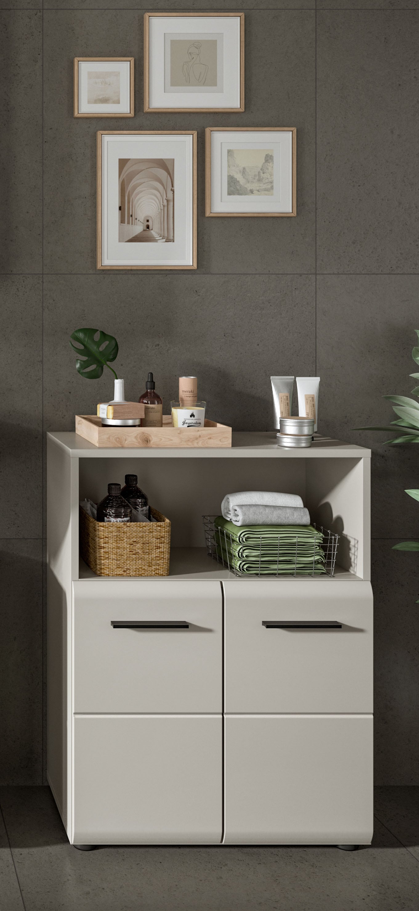 welltime Armoire intermédiaire »FLORENZ,  Breite 60 cm, 2 Türen, 1 Fachboden, 1 offene Fach« TOPSELLER!, 1 cuis tlg. hochwertige MDF Front, Griff schwarz, Badschrank, Bad