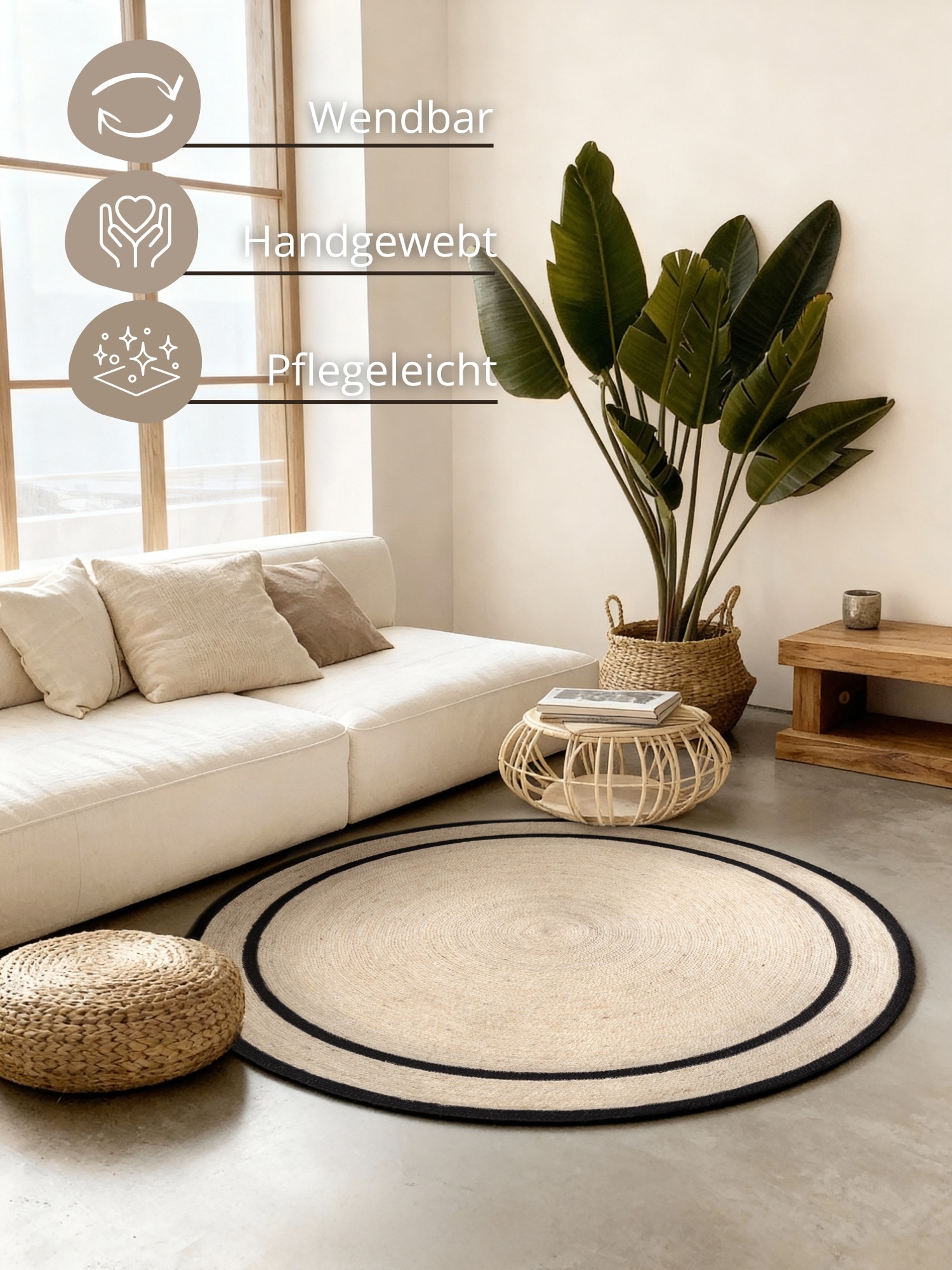HANSE Home Tapis »Lina« Rond 7 mm Höhe Jute, Handgemacht, Rund, Wohnzimmerteppich, Naturteppich