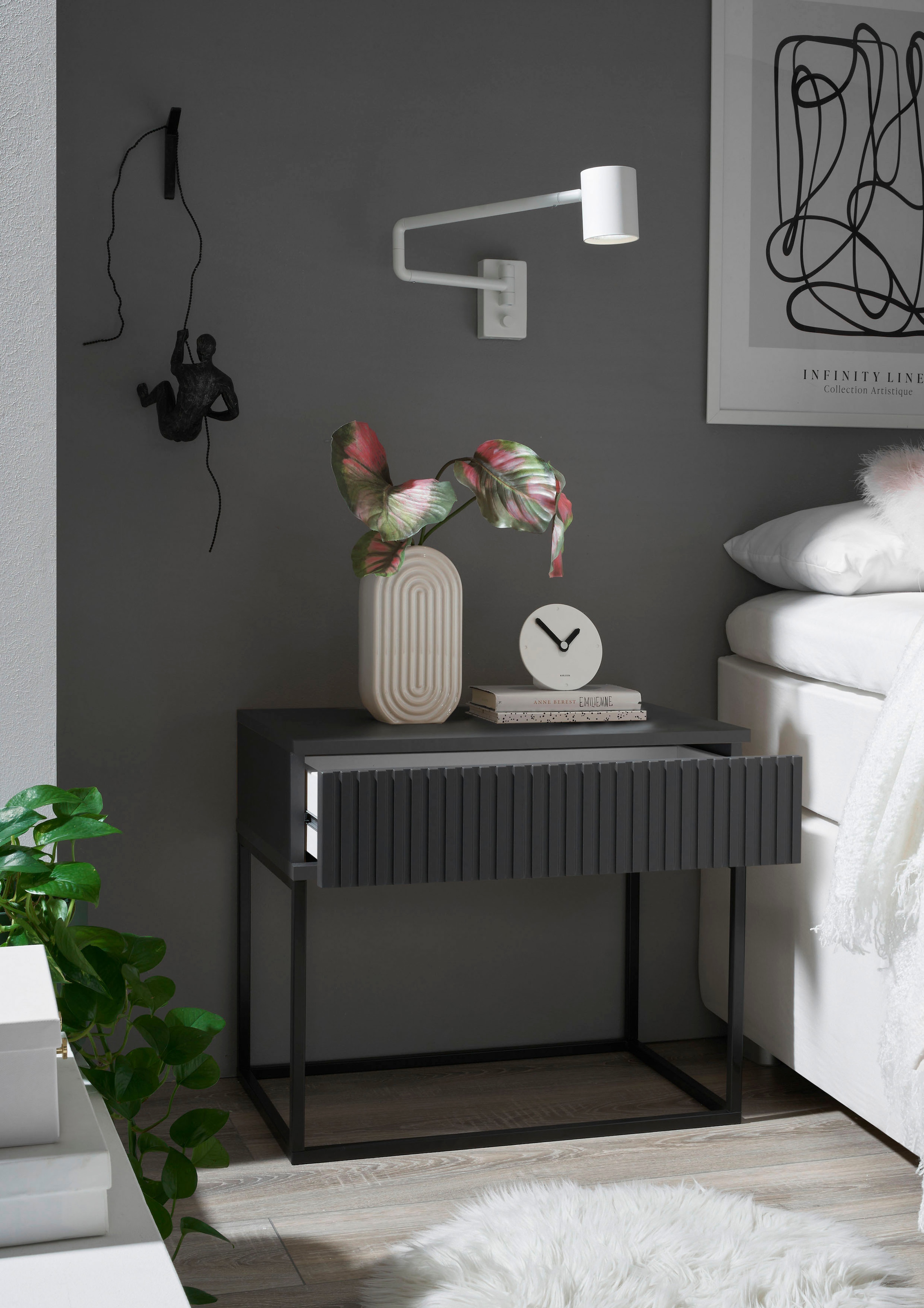 Schlafkontor Table de nuit »Marle Nachtkonsole, Nachtkästchen auf Metall-Fussgestell« Schubkasten in Rillenoptik auf schwarzem Metallgestell