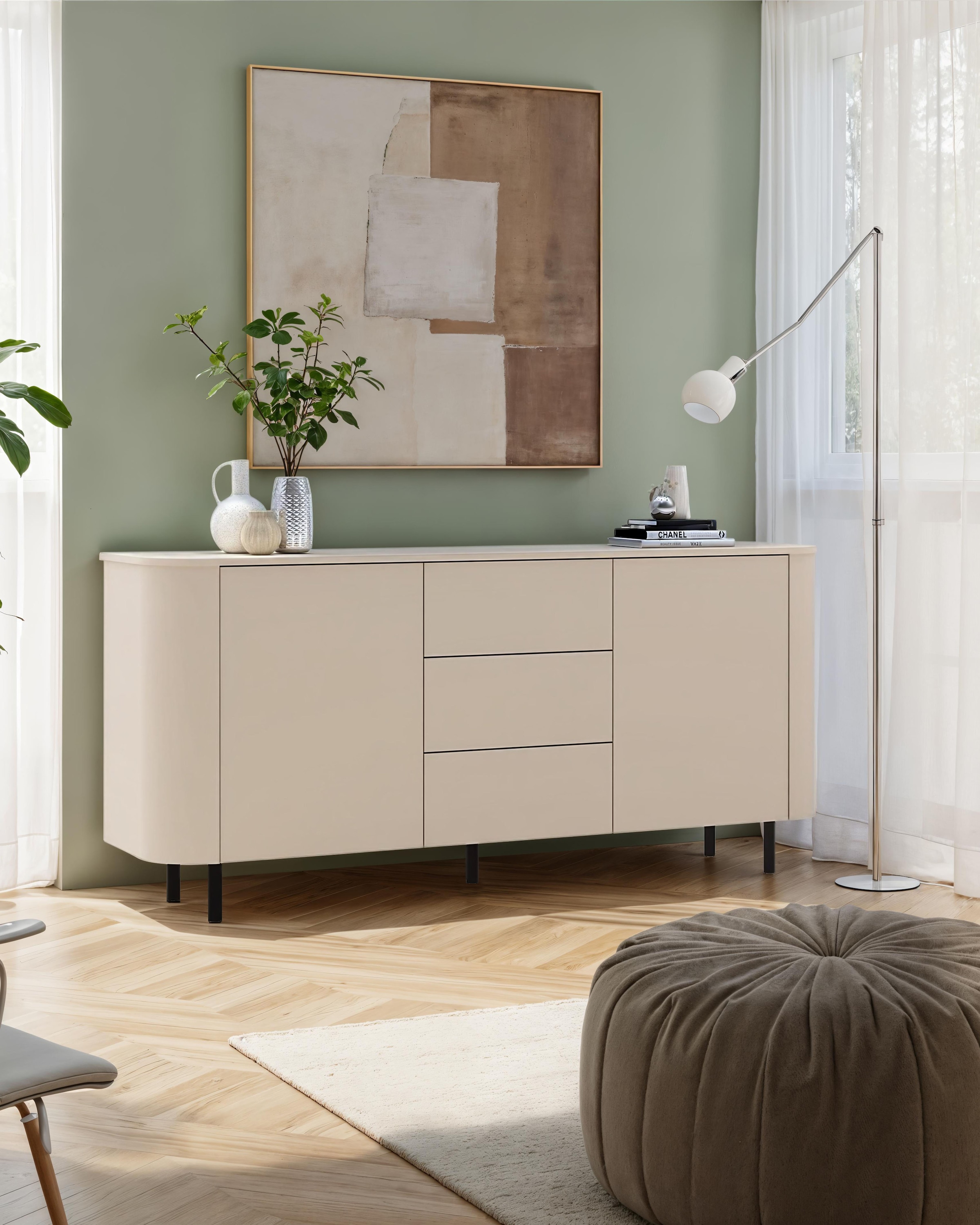 GOODproduct Sideboard »Lido, 181 cm breit, 2 Türen, 3 Schubkästen, Kommode, Stauraumschrank« Formgebogenes MDF, Stirnseiten mit Rundung, Push-to-open, Metallfüsse