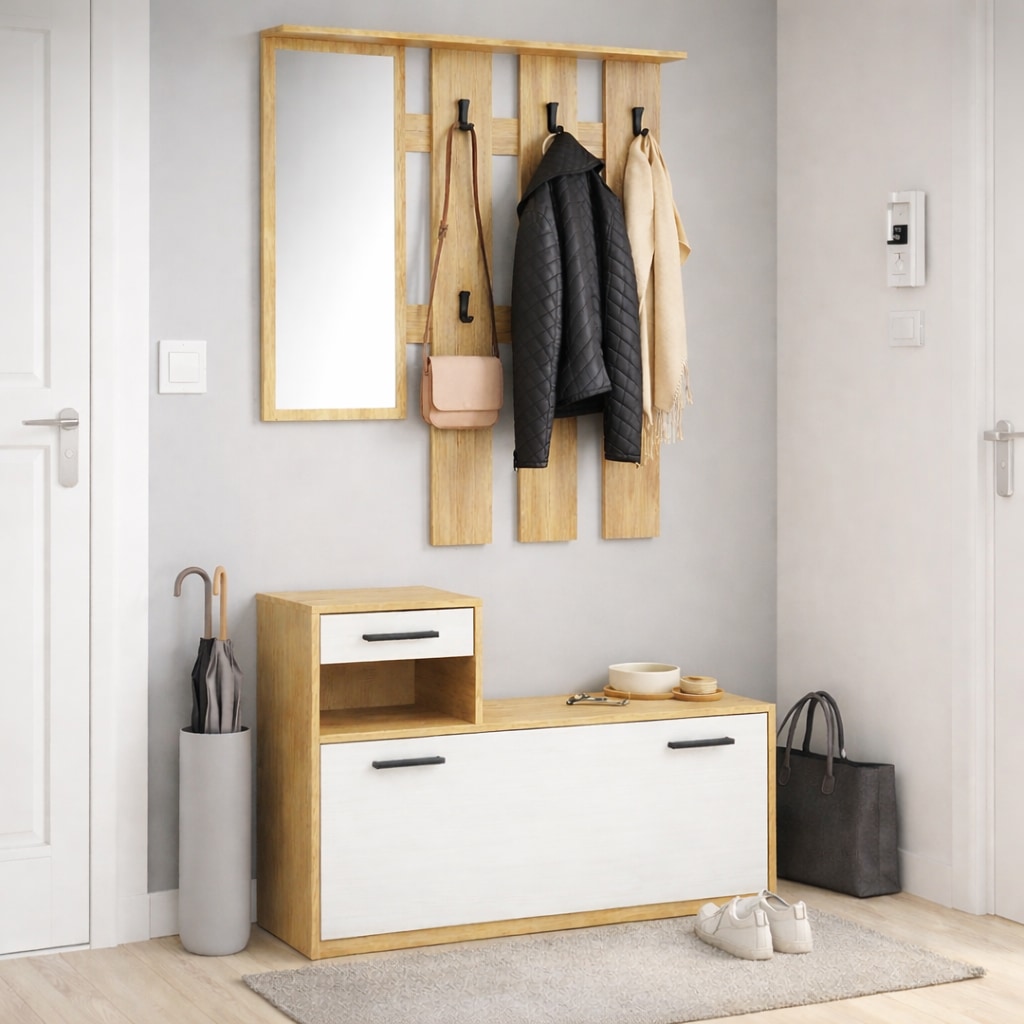 GOODproduct Garderoben-Set »Luna Kommode mit 1 Klappe + 1 Schubkasten, Paneel mit Spiegel 6 Haken« 2 Stk. tlg.