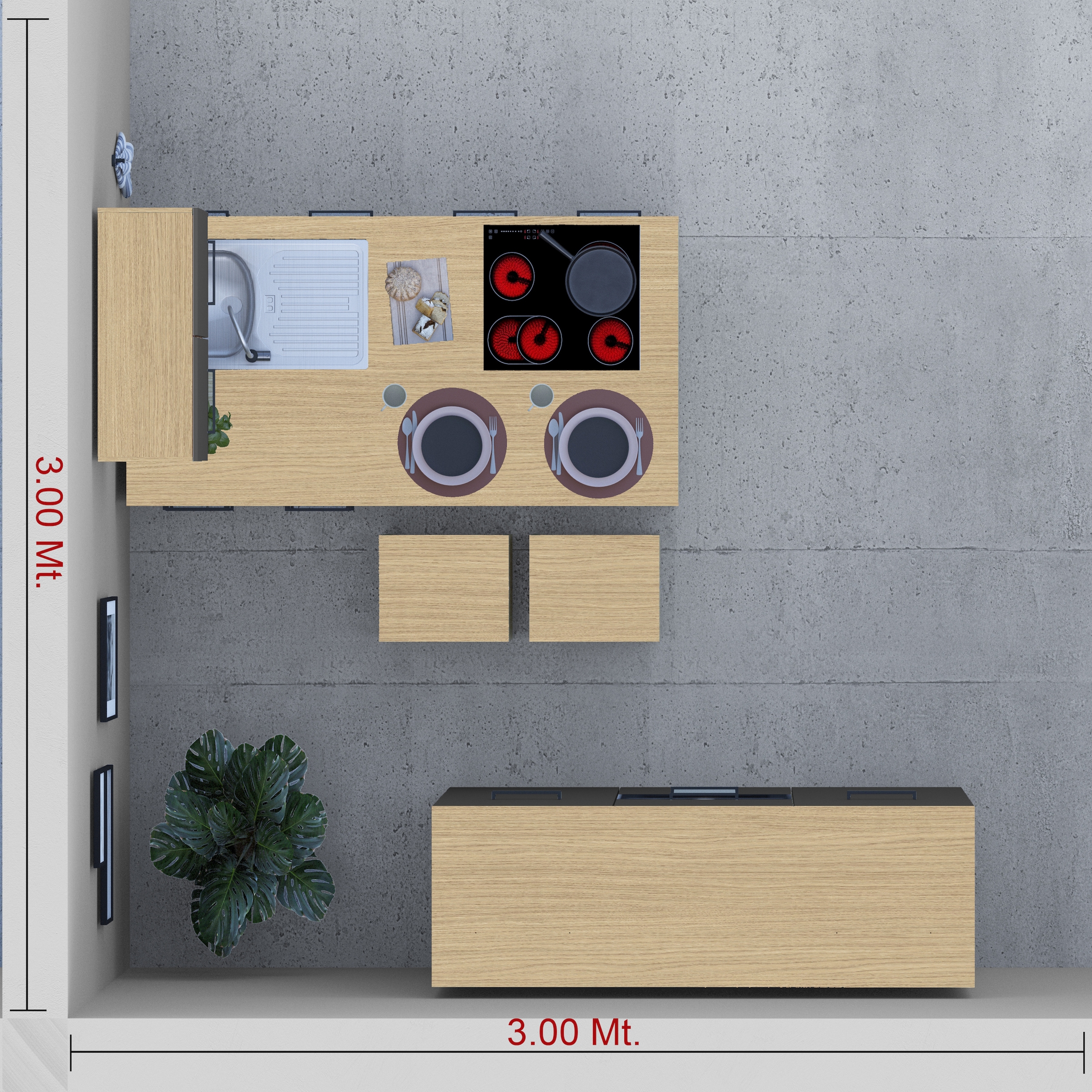 KOCHSTATION Kitchenette »Luna, Küchenblock, Kücheninsel, Hängeschrank, Made in Italy« 3er-Set, Metallgriffe, Soft-Close-Funktion, inklusive Spüle