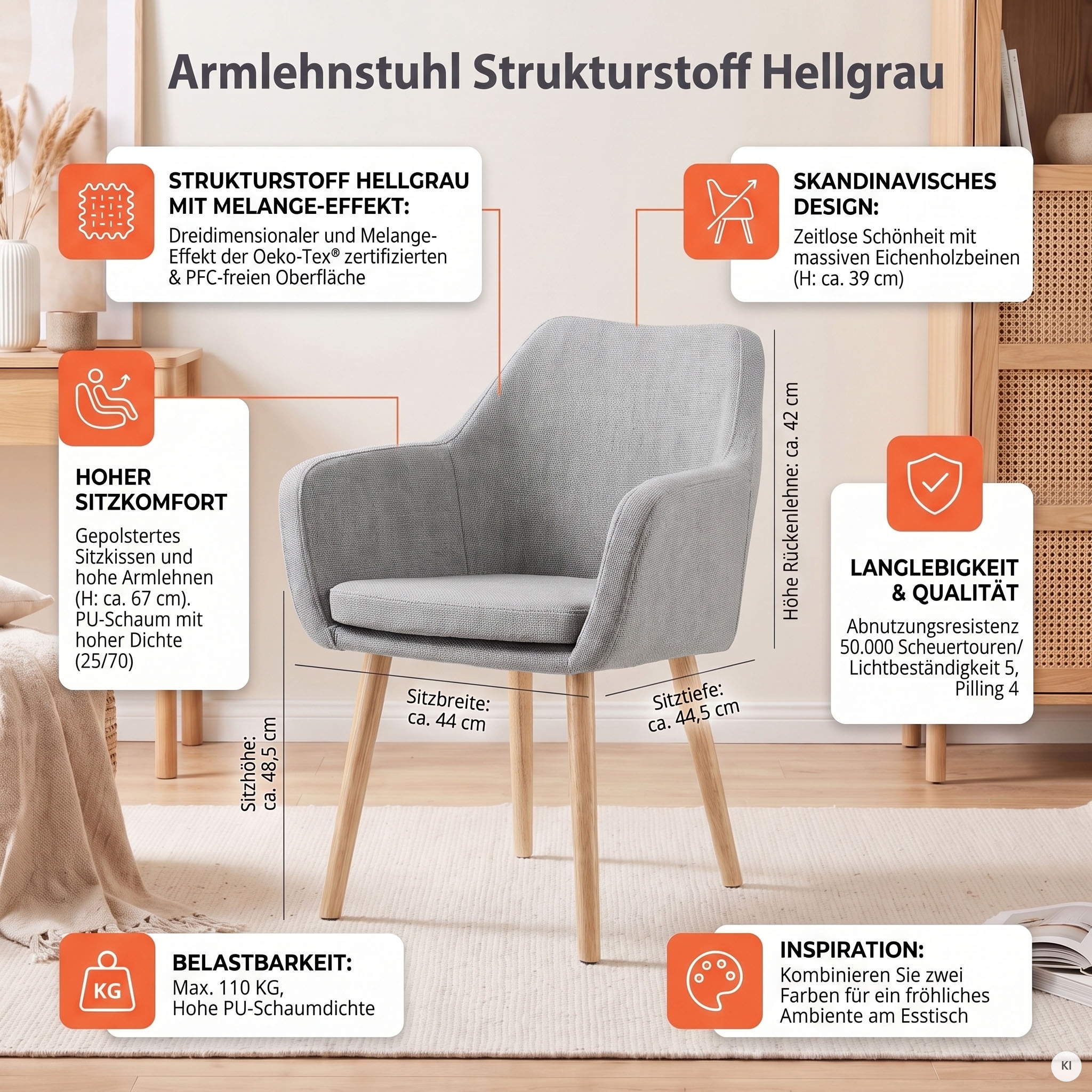 SalesFever Armlehnstuhl »Komfortabler Esszimmerstuhl mit Stil« () Stuhlbeine aus massivem Eichenholz