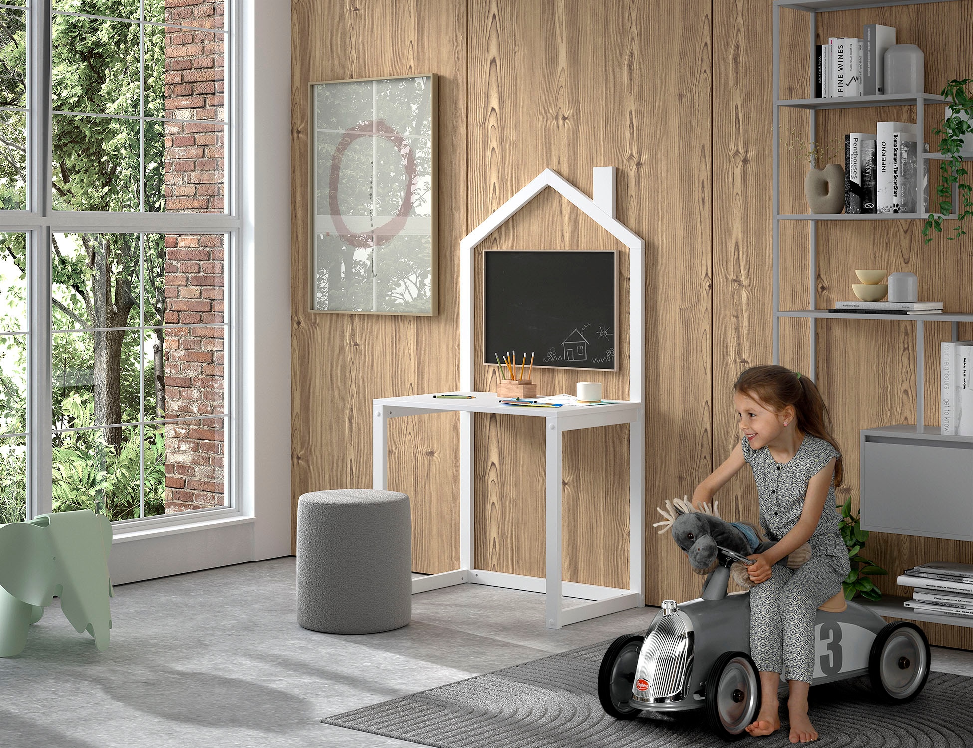 Vipack Bureau pour enfant »Dallas, Ausführung Kiefer massiv, stabil gebaut« L/H/P env. 100x150,6x50 cm, ouvert sur les côtés et à l’arrière,  aspect maison, grande surface de travail, idéal pour petits espaces, 2 couleurs