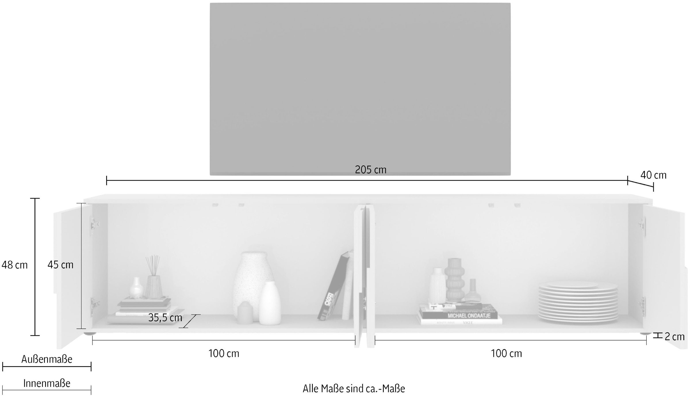 INOSIGN Table basse »Stone, 205 cm breit, 4 Türen, TV-Schrank, TV-Kommode, Medienboard« 3D-Design, Push-to-open, Innenraum grosszügig, Füsse 14/2 cm wählbar