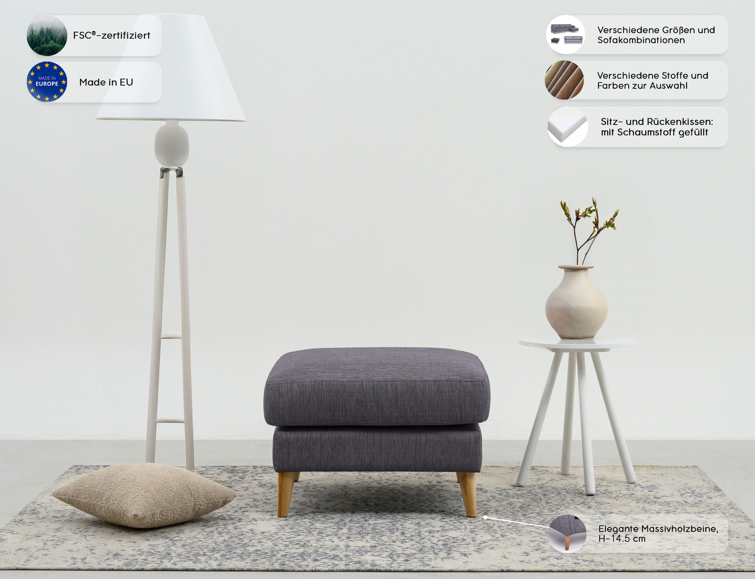 Home affaire Polsterhocker »MARSEILLE« Massivholzbeine Eiche, Landhausstil, Wellenunterfederung