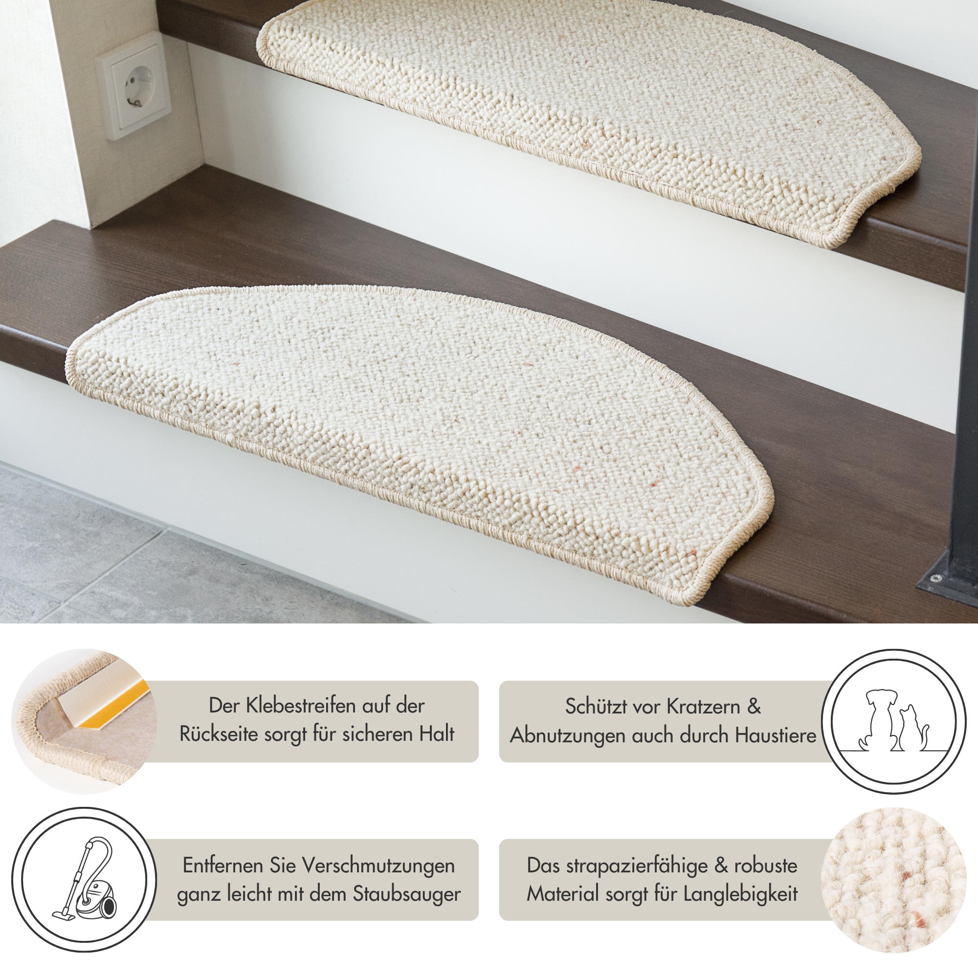 Andiamo Stufenmatte »Sheffield, Made in Poland« halbrund 5 mm Höhe melierte Berber-Optik, selbstklebend, Set mit 2 Stück oder 15 Stück