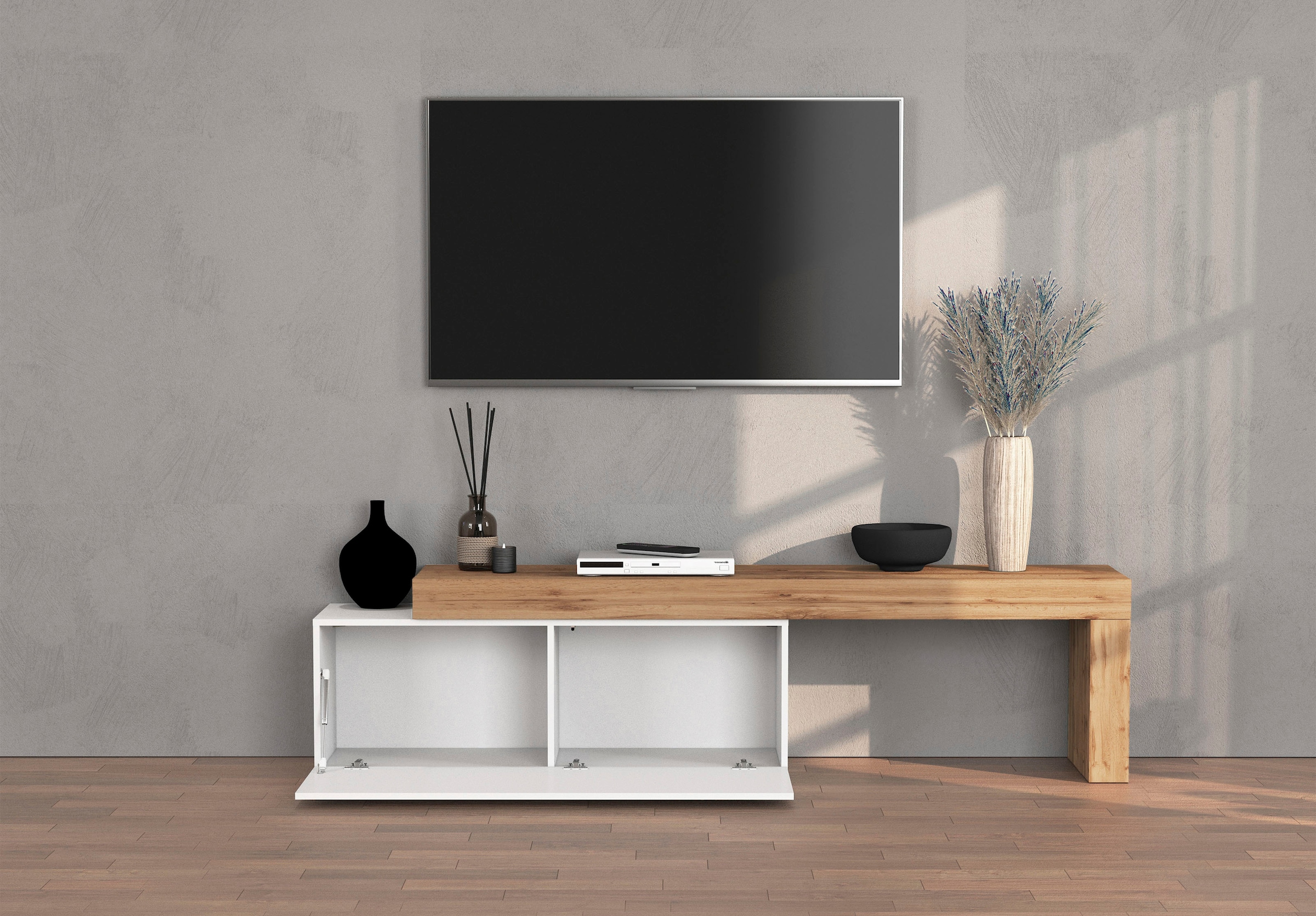 INOSIGN Table basse »Chronos TV-Board, T-Schrank« Breite verstellbar von 180 bis 290 cm, 1 cuis tlg. Breite 240 cm TV-Board,Lowboard,1 Klappe und ein L-Förmiger Aufsatz