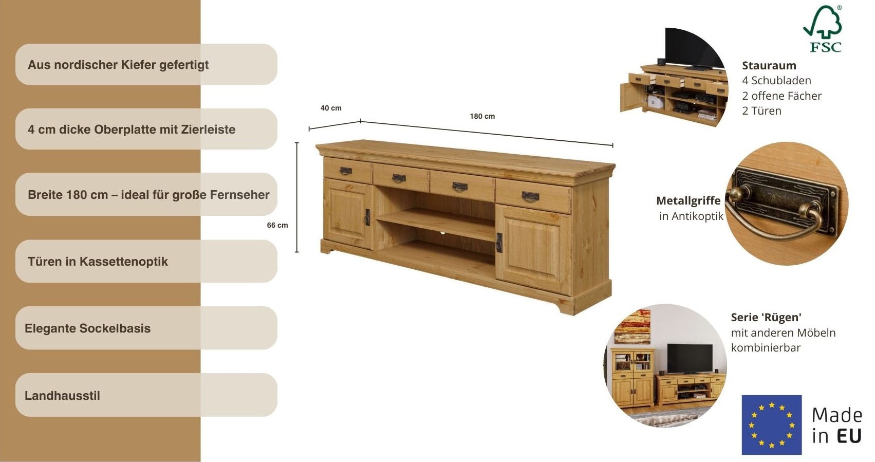 Home affaire TV-Board »Rügen« zertifiziertes Massivholz, Breite 180 cm, im Landhausstil