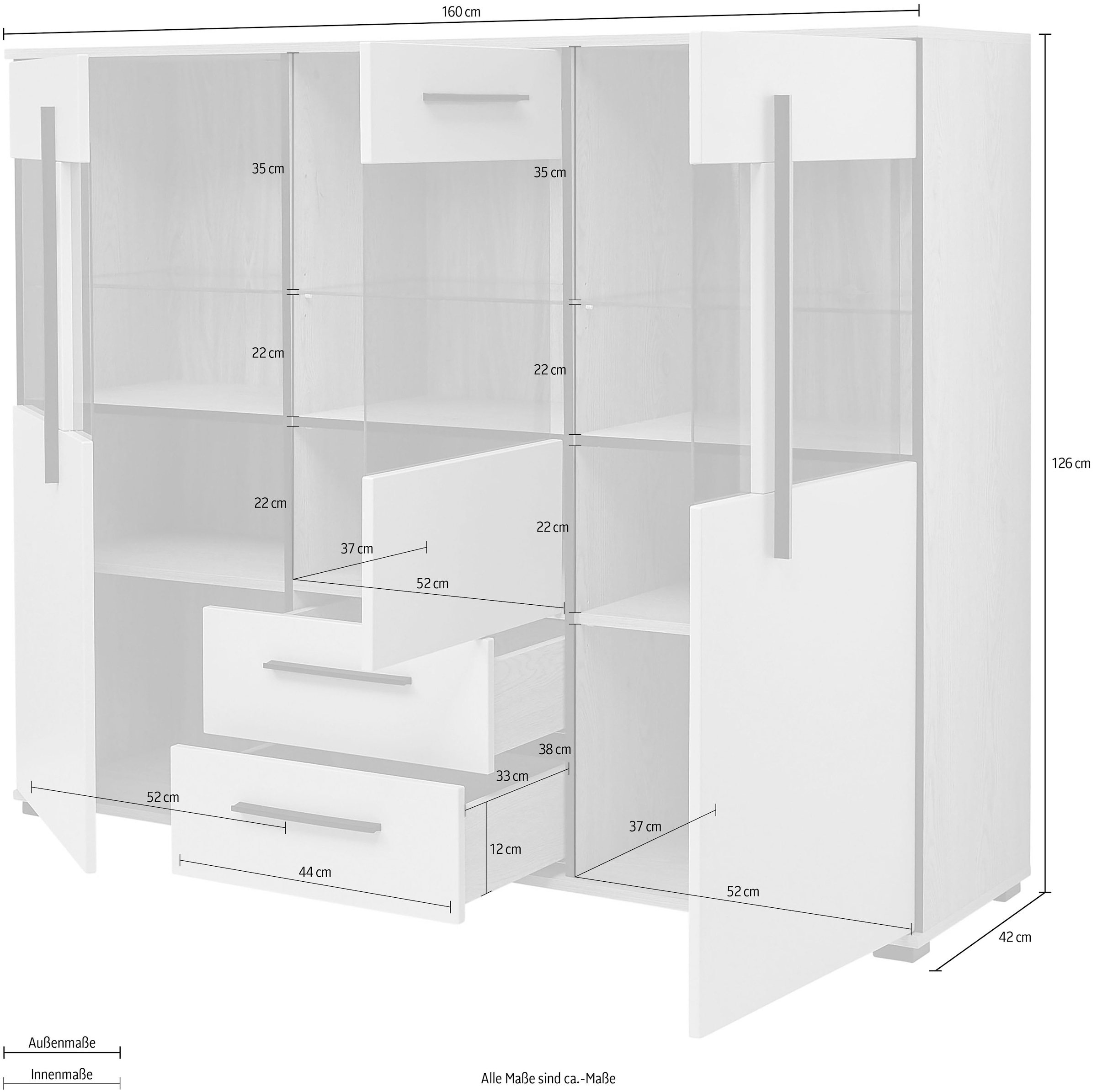 Home affaire Highboard »Cantara, moderner Schrank, Vitrine in Eiche Dekor, Weiss oder Kaschmir« schwarze Stangengriffe, ausreichend Stauraum, vielseitig einsetzbar