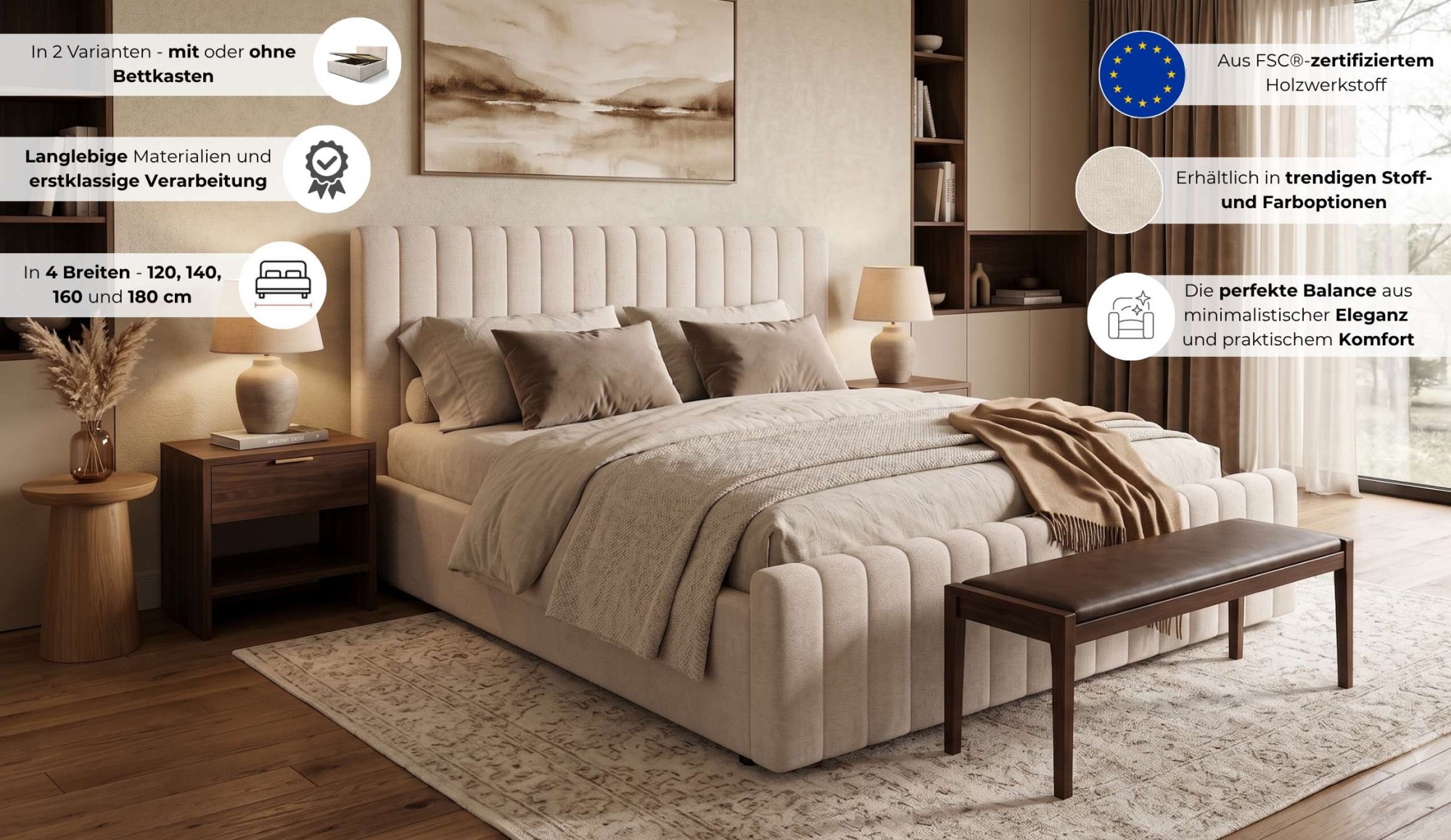 GOODproduct Lit rembourré »MOIVRE, vertikale Steppung in Rillenoptik, wahlweise mit Bettkasten« lit avec rangement, tête de lit rembourrée, sans matelas, design moderne